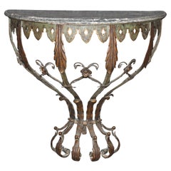 Antique French Art Deco Wrought Iron Marble Top Wall Mounted Console Table