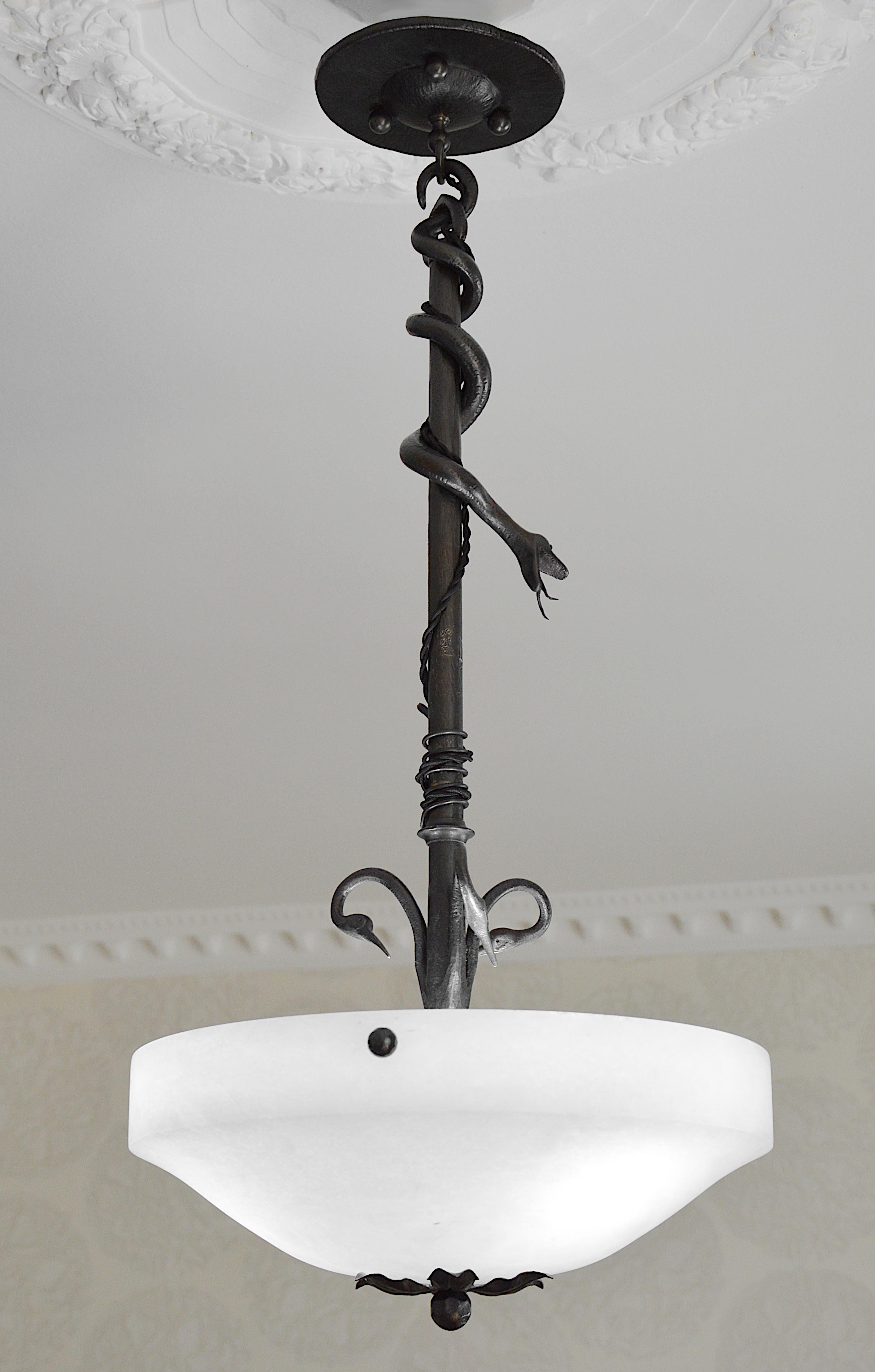 Glass French Art Deco Wrought-Iron Snake and Alabaster Pendant Chandelier, 1928 For Sale