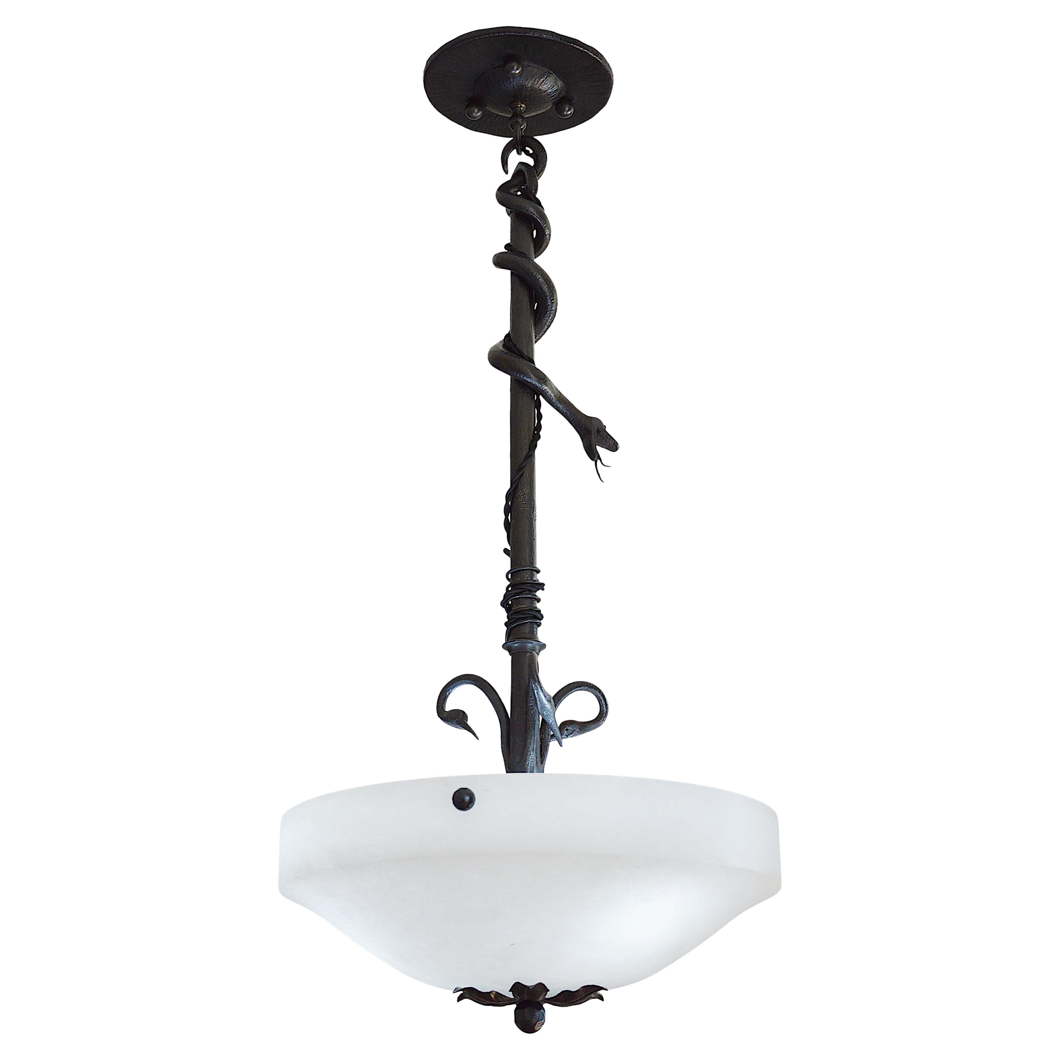 French Art Deco Wrought-Iron Snake and Alabaster Pendant Chandelier, 1928 For Sale