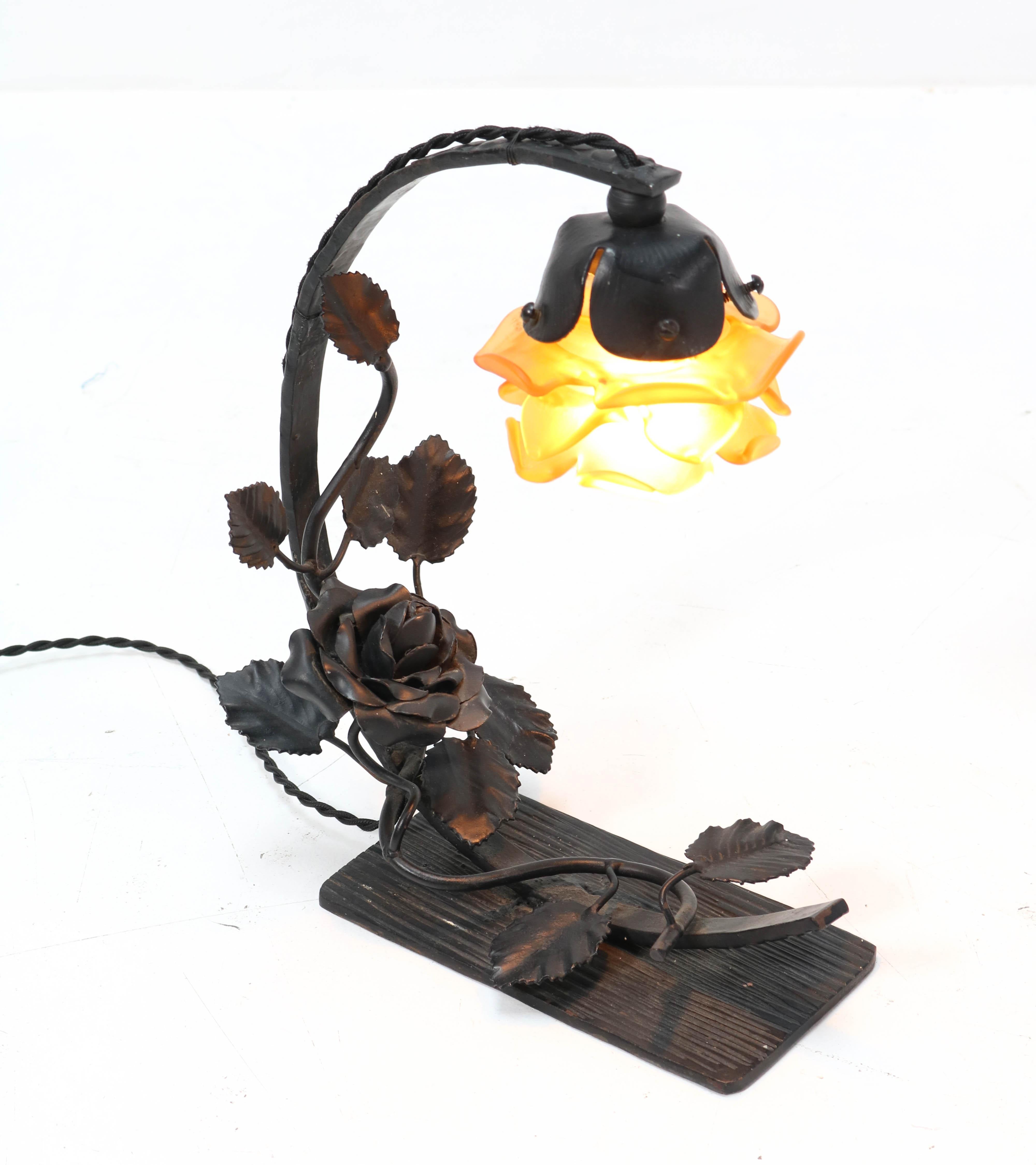 Blown Glass French Art Deco Wrought Iron Table Lamp, 1930s