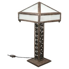 French Art Deco Wrought Iron Table Lamp, Opaque Glass Shade, 1920