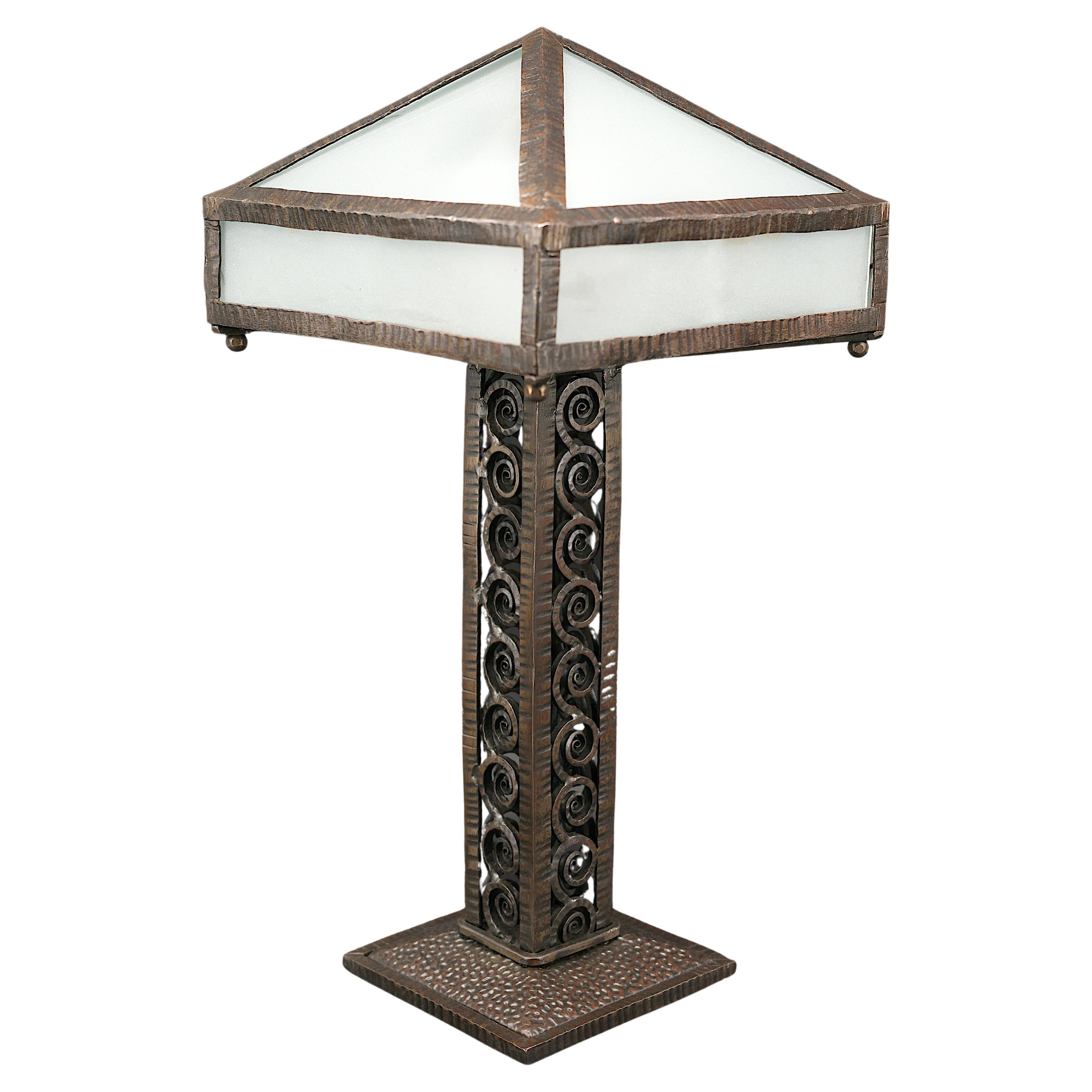 French Art Deco Wrought Iron Table Lamp, Opaque Glass Shade, 1920 For Sale