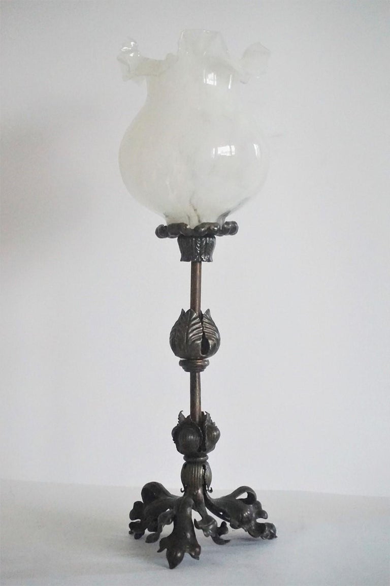 French Art Deco Wrought Iron Table Lamp With And Glass Tulip