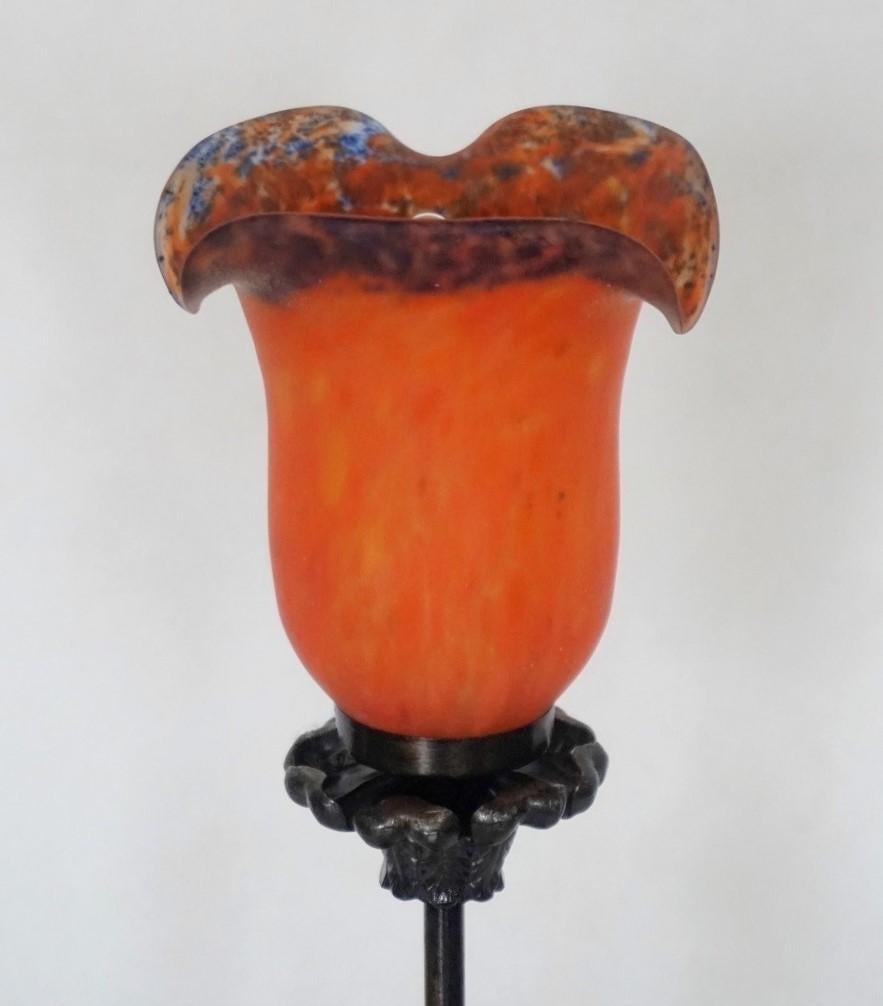 Hand-Crafted French Art Deco Wrought Iron Table Lamp with Pâte de Verre Glass Shade, 1920s