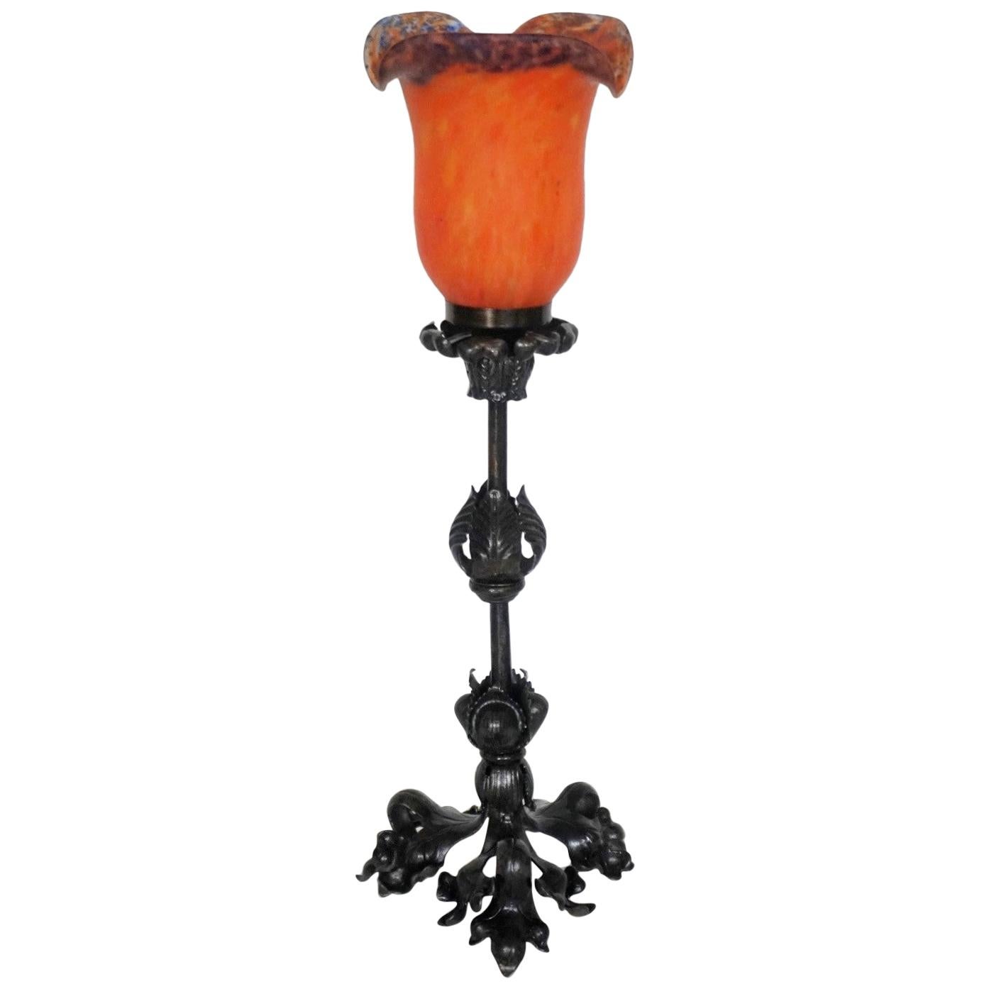 French Art Deco Wrought Iron Table Lamp with Pâte de Verre Glass Shade, 1920s