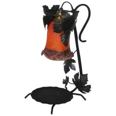 French Art Deco Wrought Iron Table Lamp with Pâte de Verre Glass Shade, 1920s