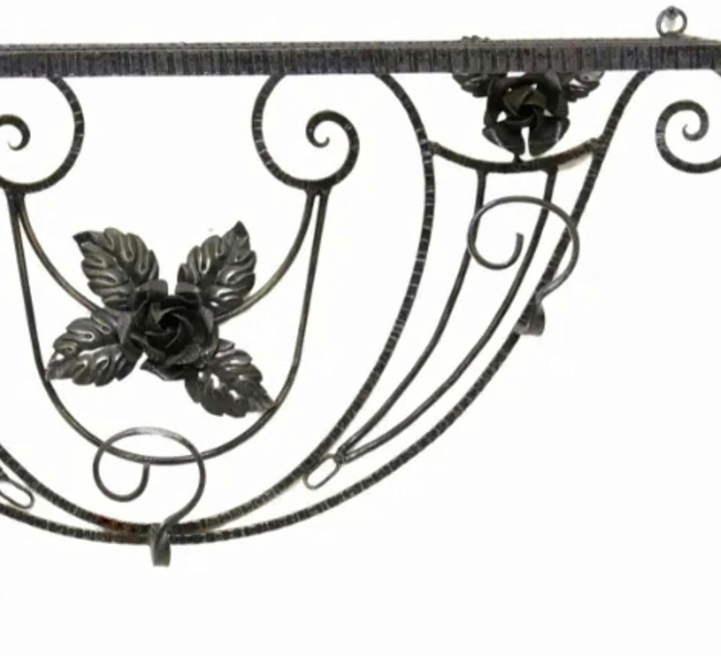 French Art Deco Wrought Iron Wall Hanging Hall Shelf Hat Coat Rack Edgar Brandt In Good Condition For Sale In Forney, TX