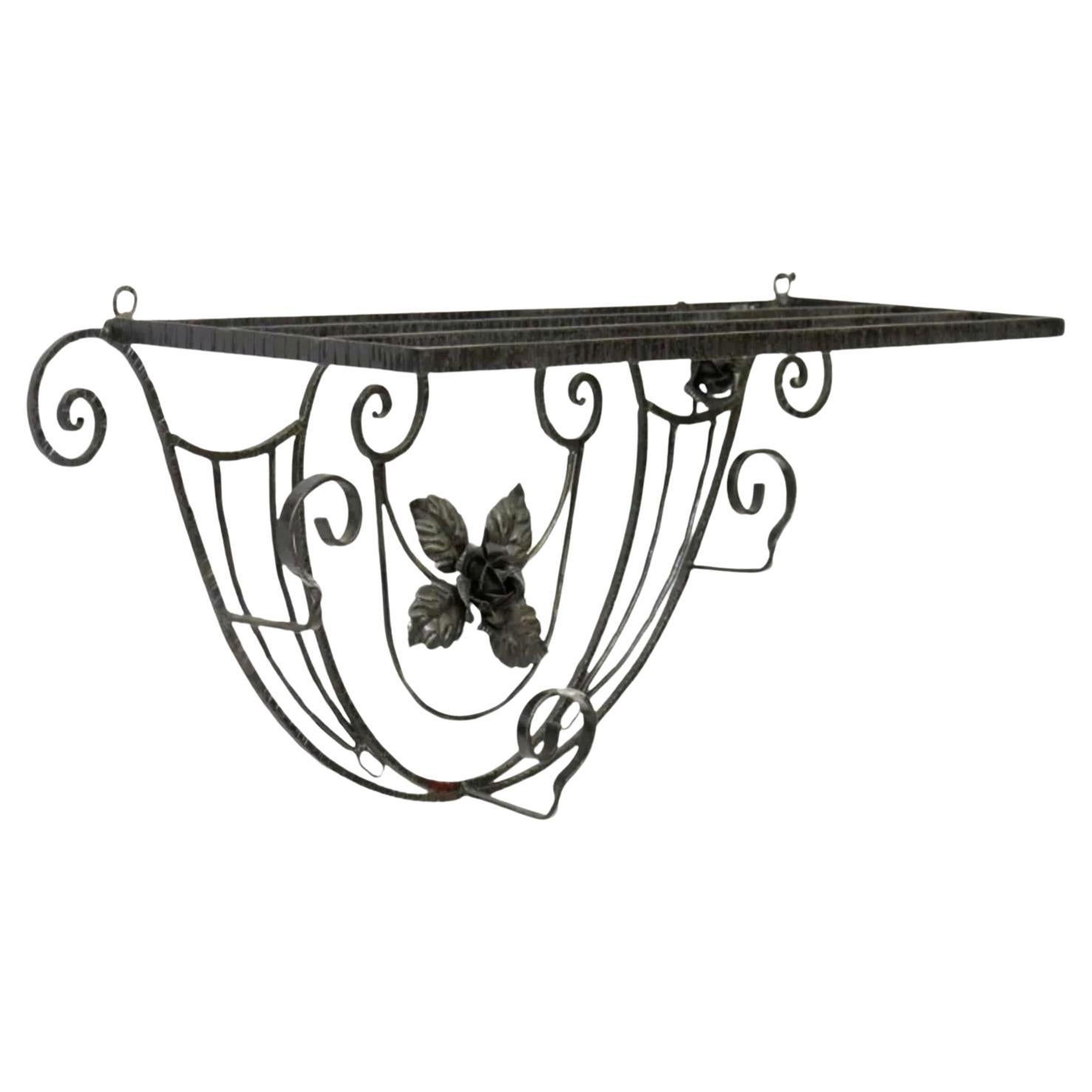 French Art Deco Wrought Iron Wall Hanging Hall Shelf Hat Coat Rack Edgar Brandt