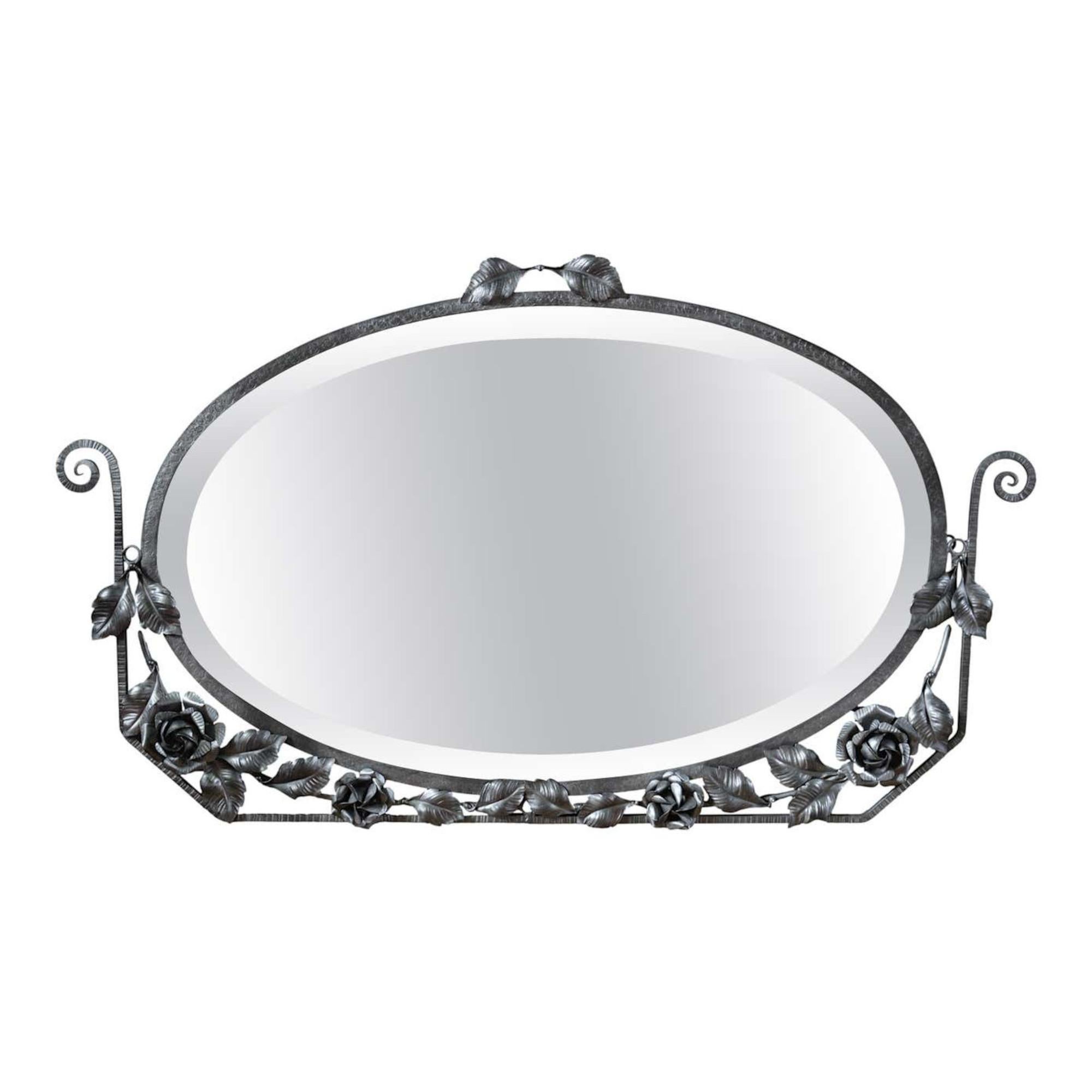 French Art Deco Wrought-Iron Wall Mirror with Beveled Glass, 1920