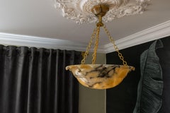 French Art Deco Yellow Alabaster Pendant with Dark Veining & Brass, c. 1920