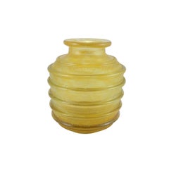 French Art Deco Yellow Mottled Glass Vase with Ribbing by Daum