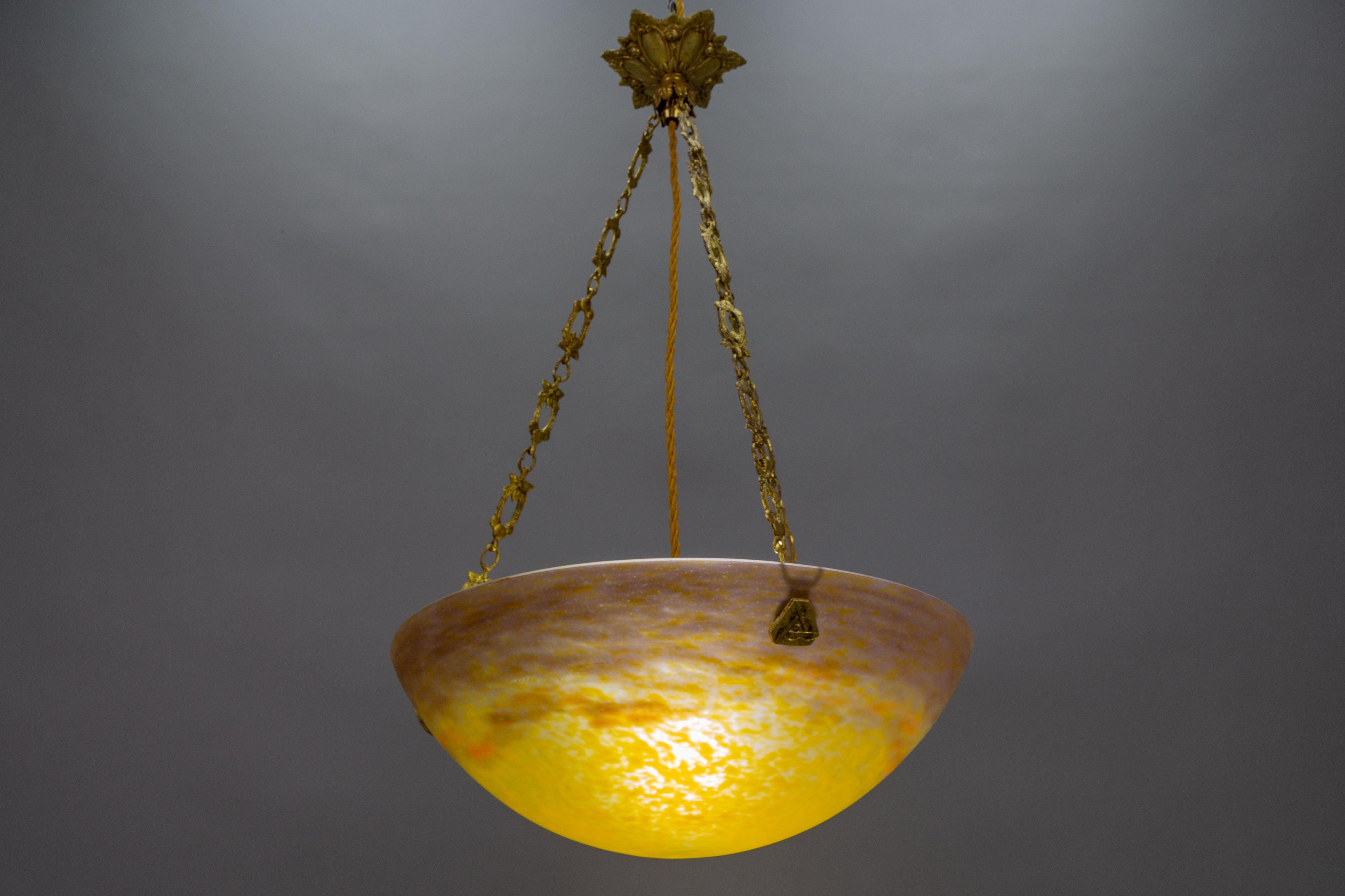 Metal French Art Deco Yellow Pendant Light by G.V. de Croismare, Muller Frères, 1920s For Sale