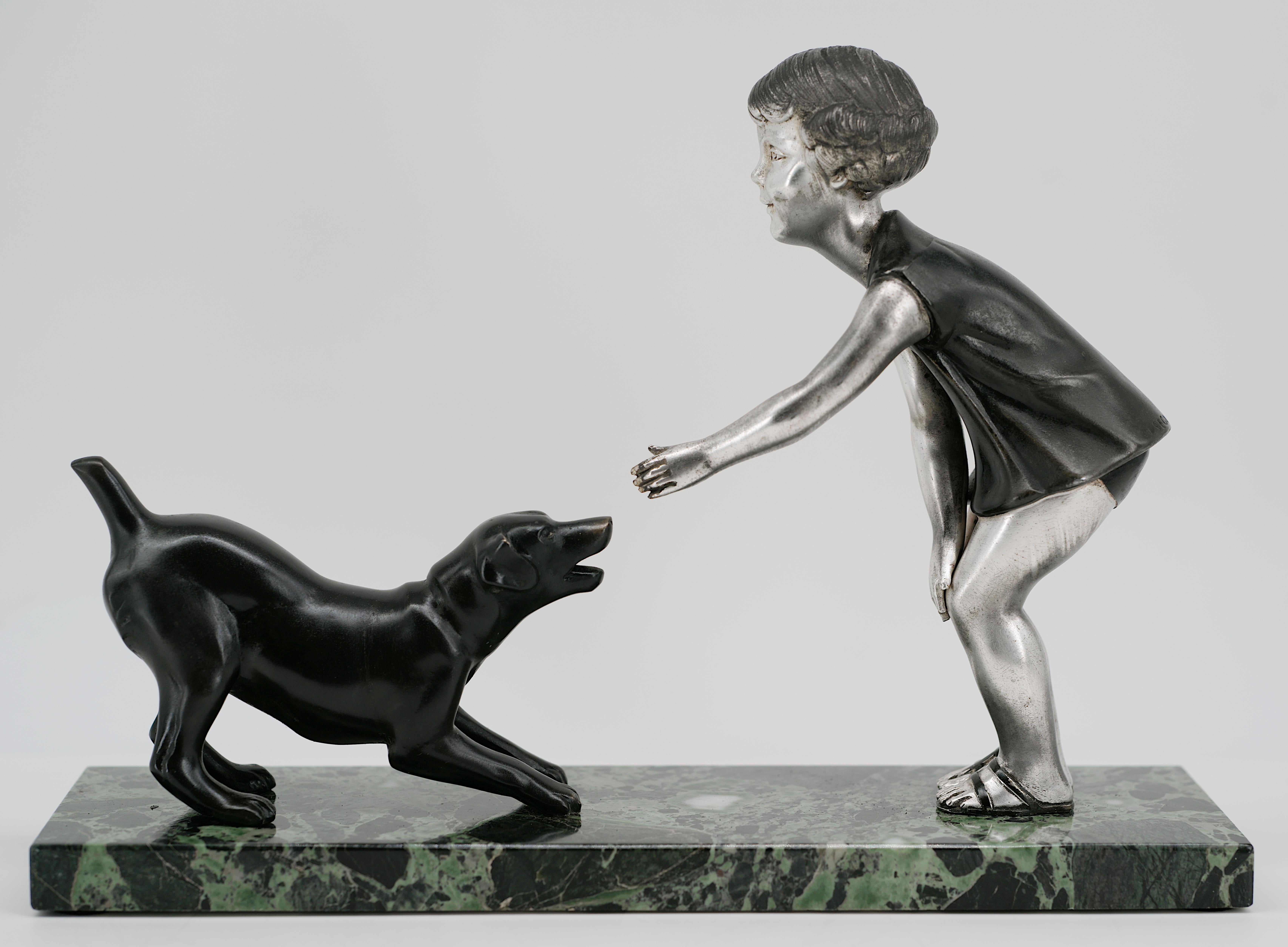 French Art Deco Young Girl & Dog Sculpture by P.Sega, 1930s For Sale 7