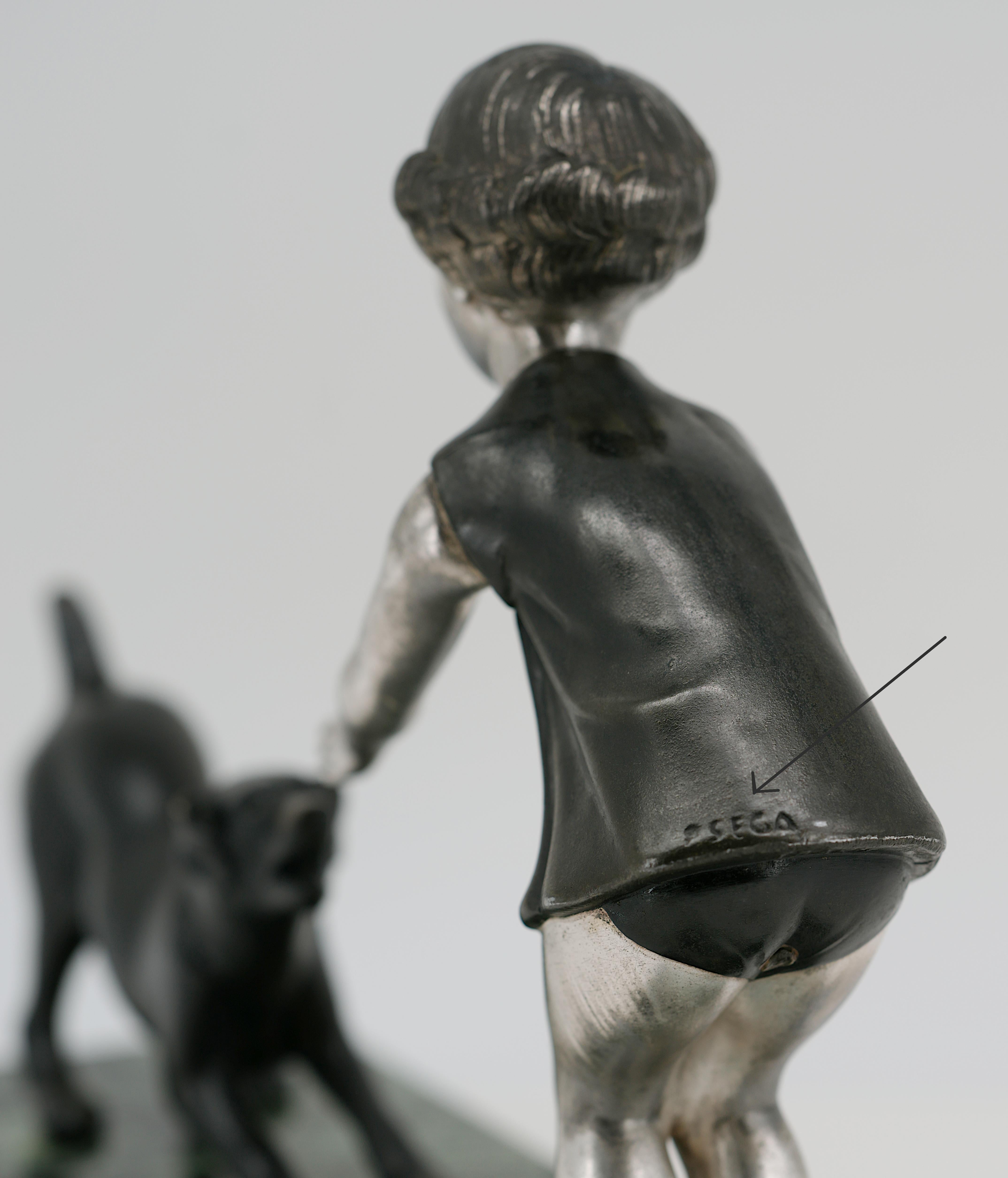 Mid-20th Century French Art Deco Young Girl & Dog Sculpture by P.Sega, 1930s For Sale