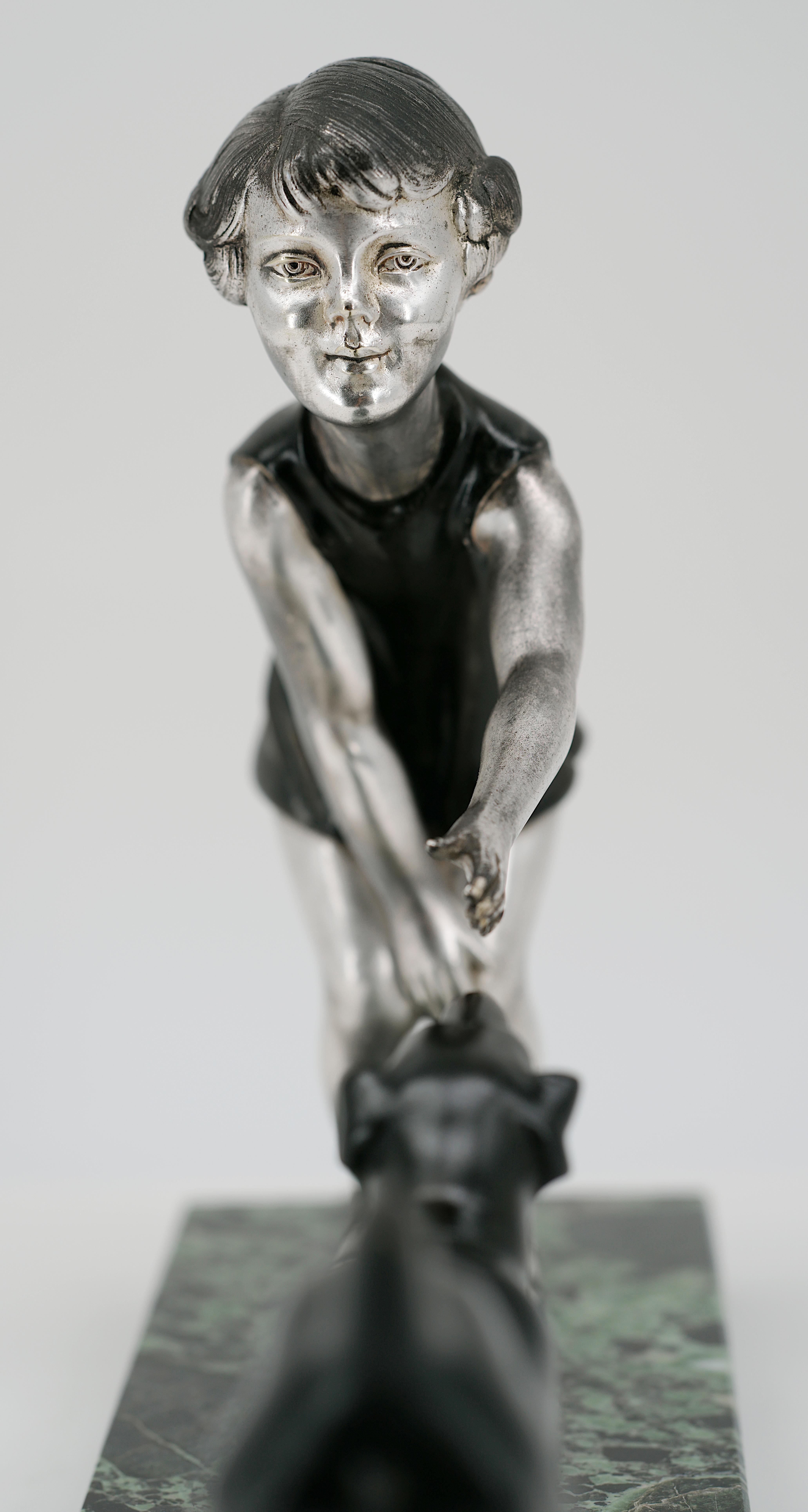 Spelter French Art Deco Young Girl & Dog Sculpture by P.Sega, 1930s For Sale