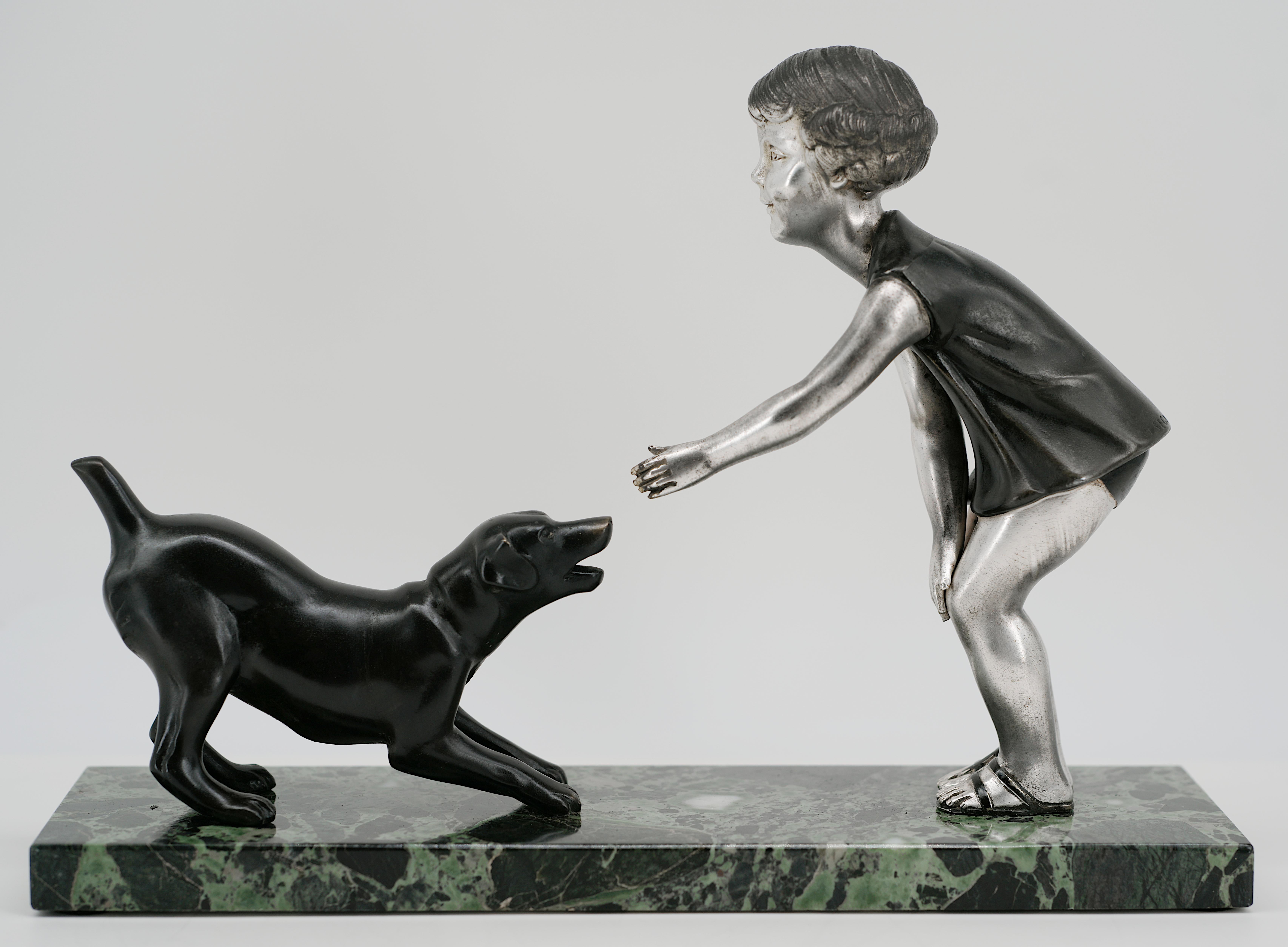 Spelter French Art Deco Young Girl & Dog Sculpture by P.Sega, 1930s For Sale