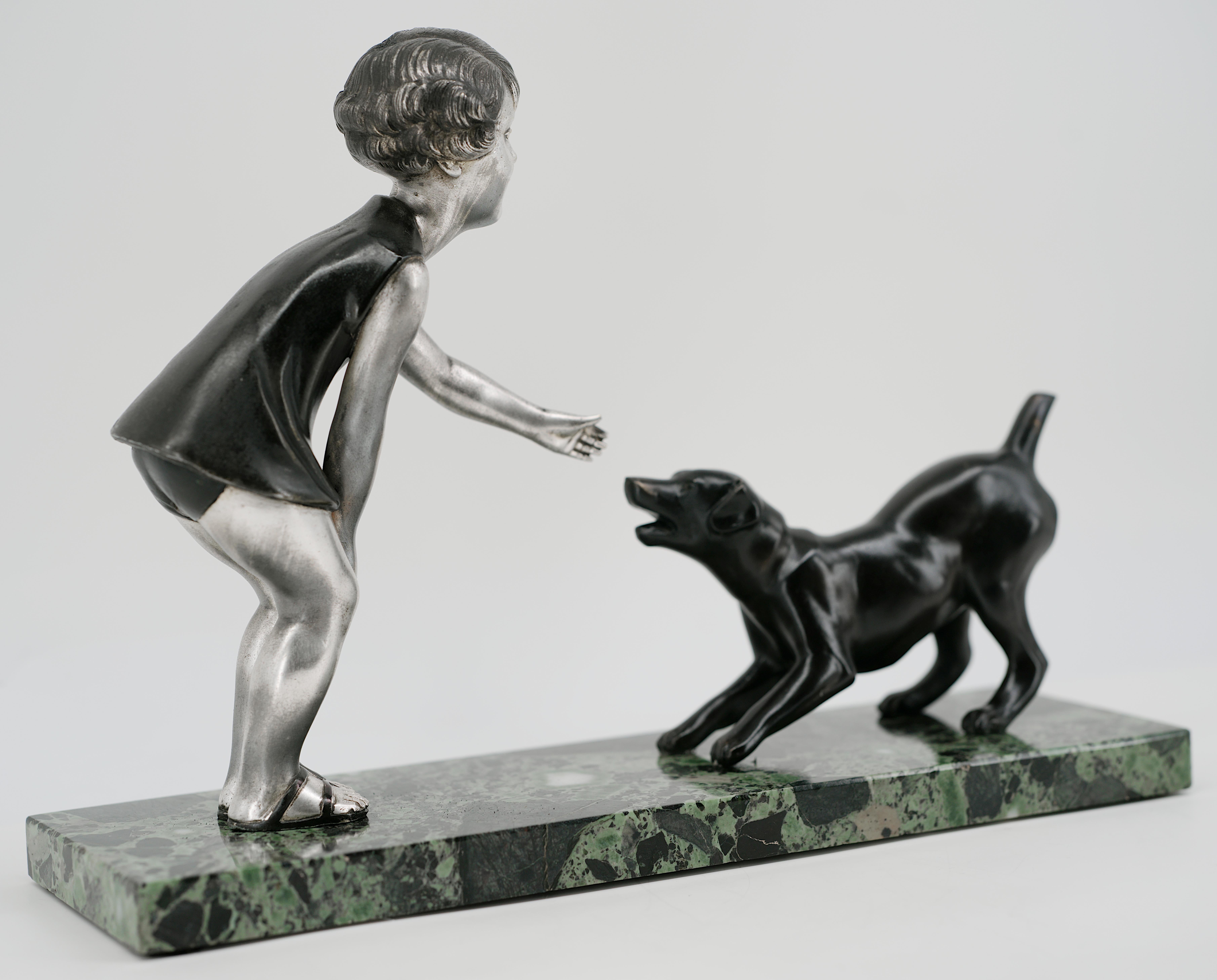 French Art Deco Young Girl & Dog Sculpture by P.Sega, 1930s For Sale 4