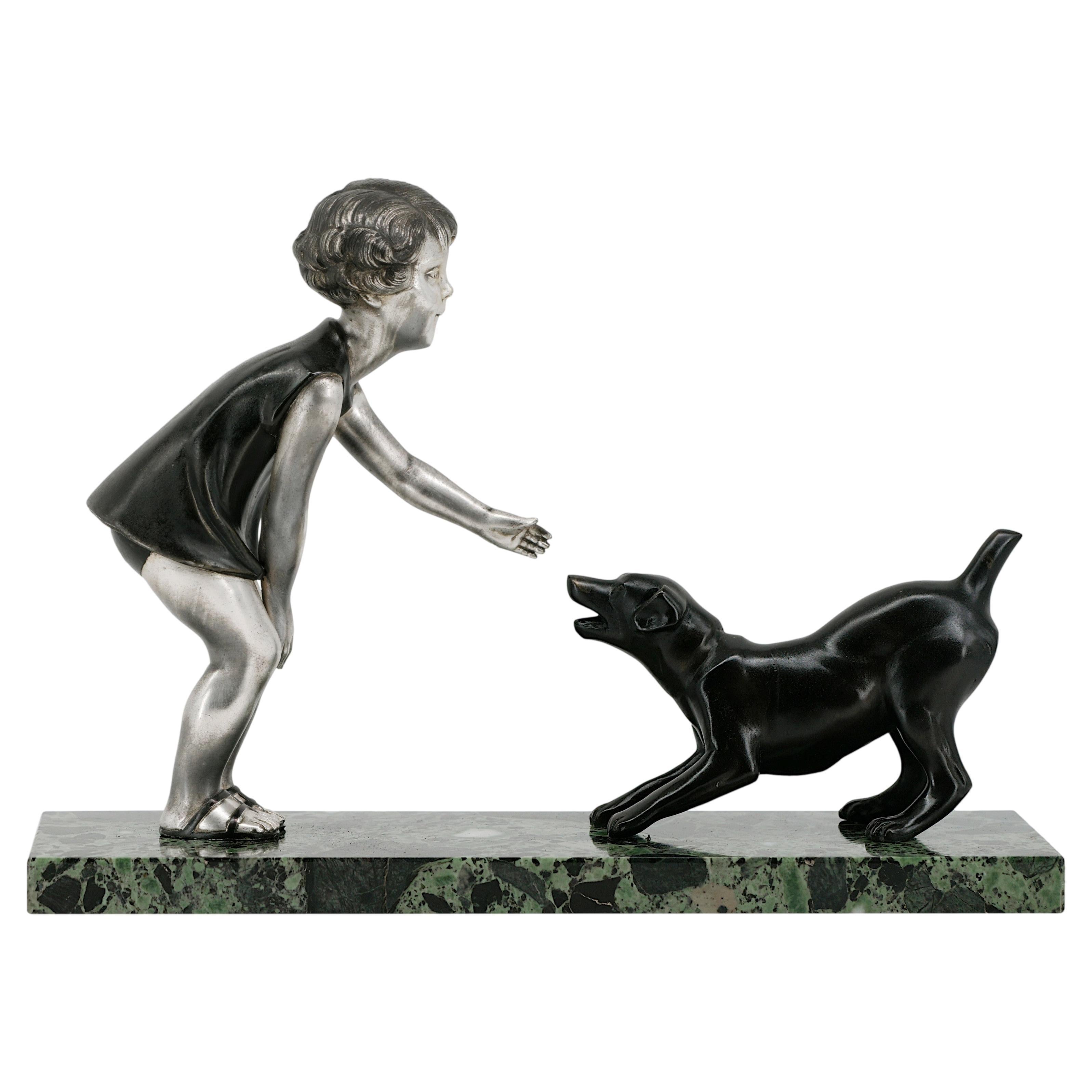 French Art Deco Young Girl & Dog Sculpture by P.Sega, 1930s For Sale