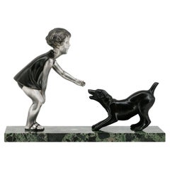 Vintage French Art Deco Young Girl & Dog Sculpture by P.Sega, 1930s