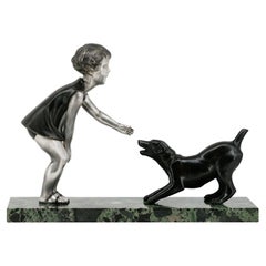 Vintage French Art Deco Young Girl & Dog Sculpture by P.Sega, 1930s