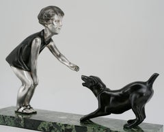 French Art Deco Young Girl & Greyhound Sculpture by P.Sega, 1930s