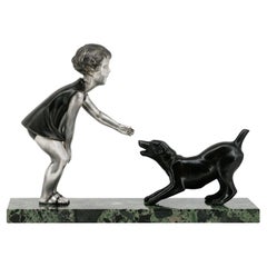 French Art Deco Young Girl & Greyhound Sculpture by P.Sega, 1930s