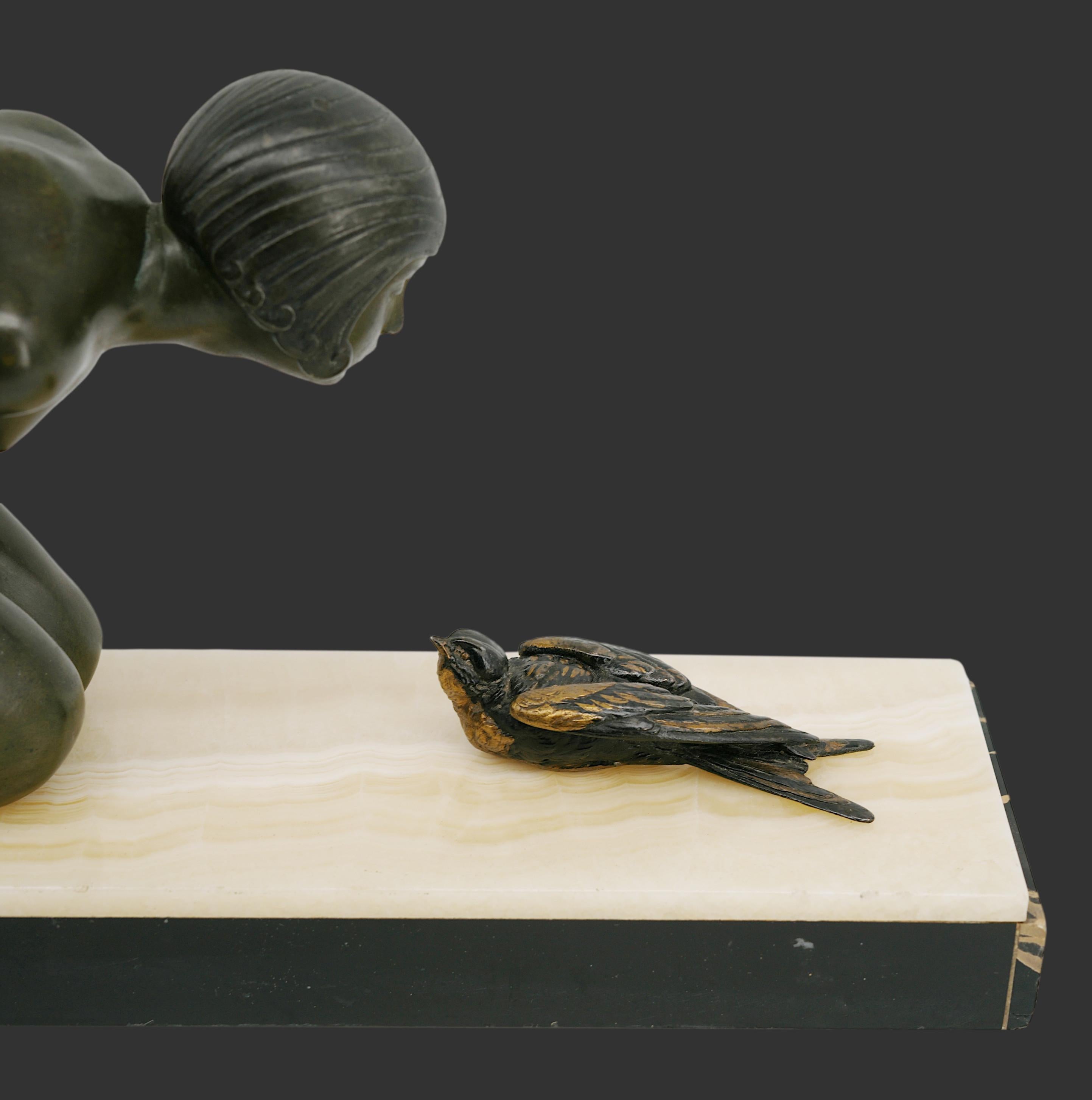 French Art Deco Young Girl & Partridge Sculpture, 1920s For Sale 5