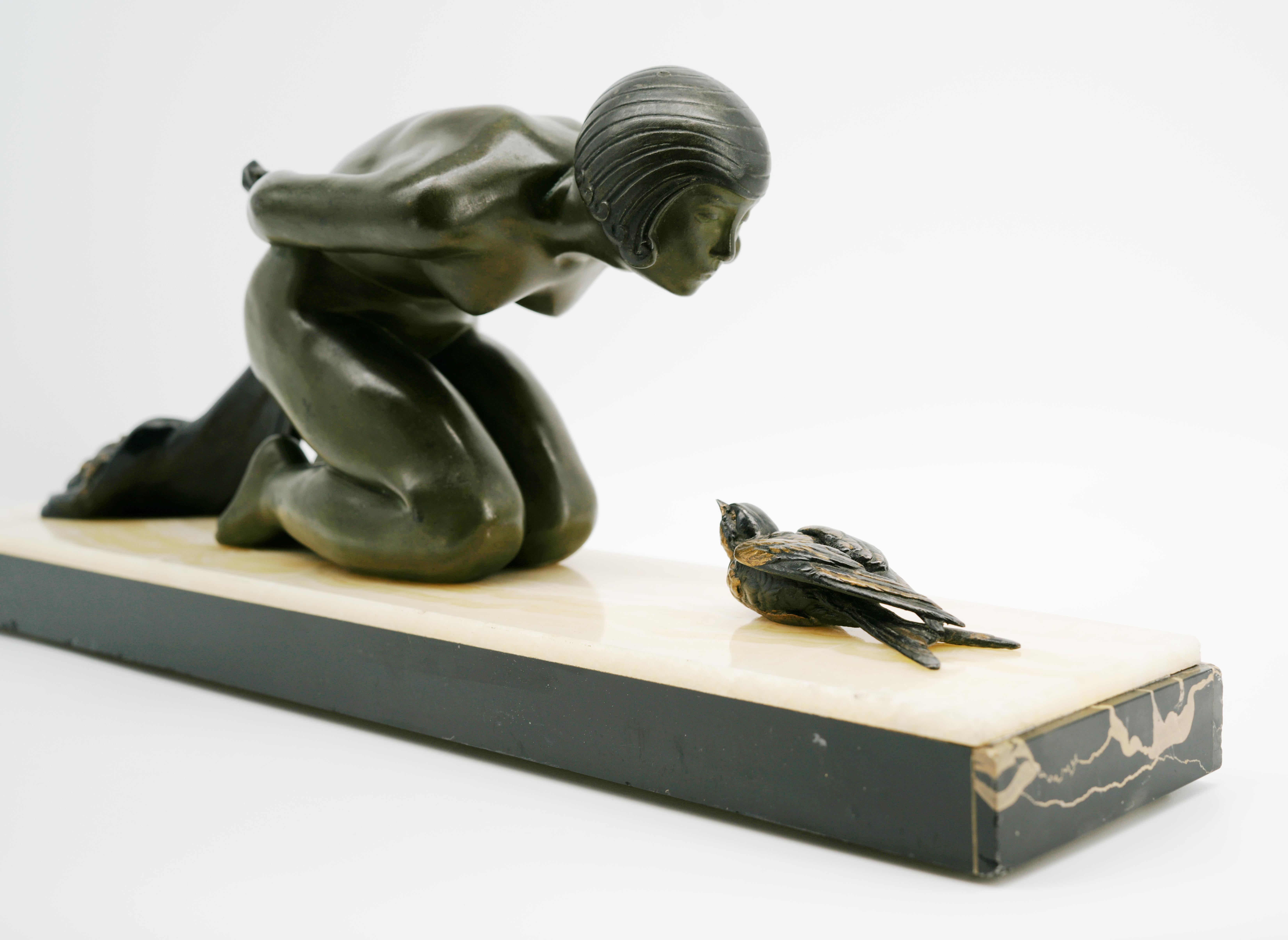 French Art Deco Young Girl & Partridge Sculpture, 1920s For Sale 6