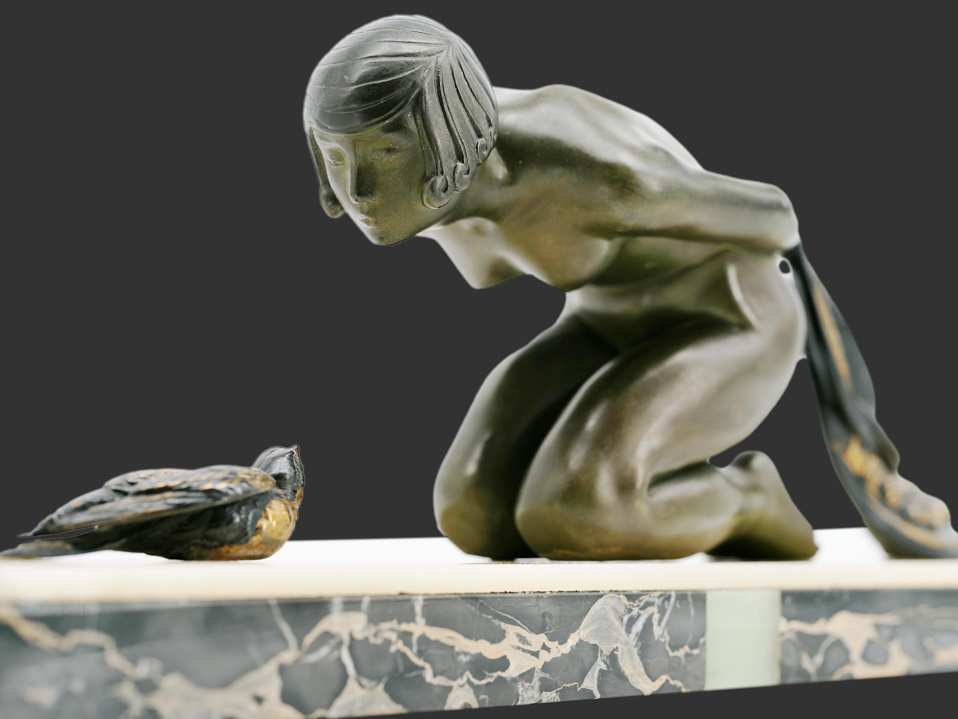 Early 20th Century French Art Deco Young Girl & Partridge Sculpture, 1920s For Sale
