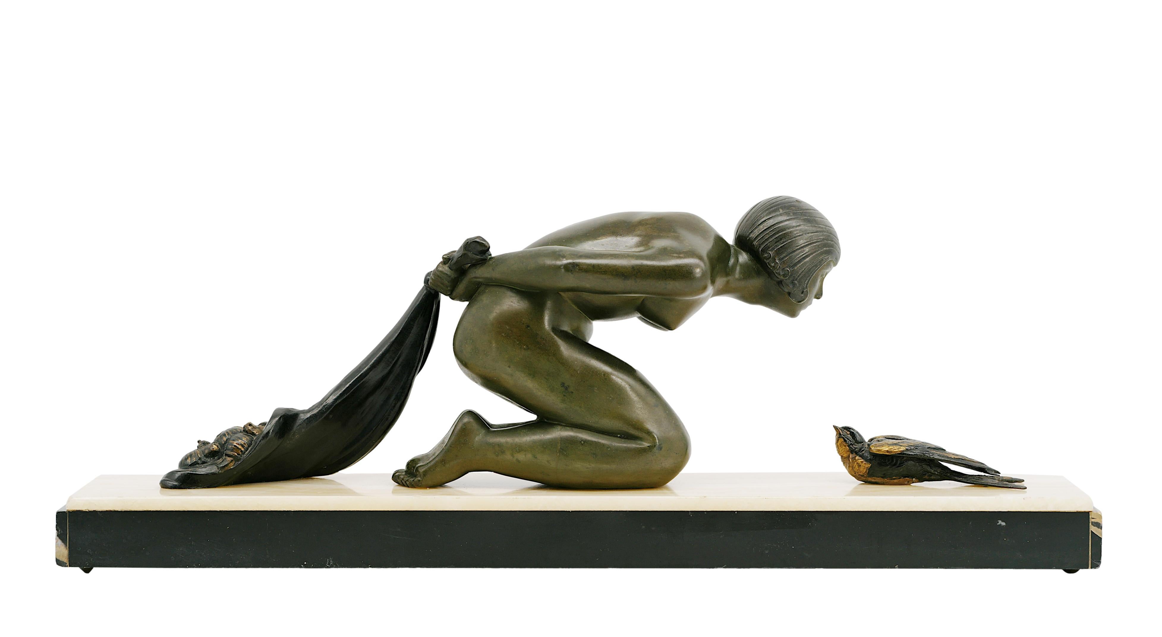 French Art Deco Young Girl & Partridge Sculpture, 1920s For Sale 1