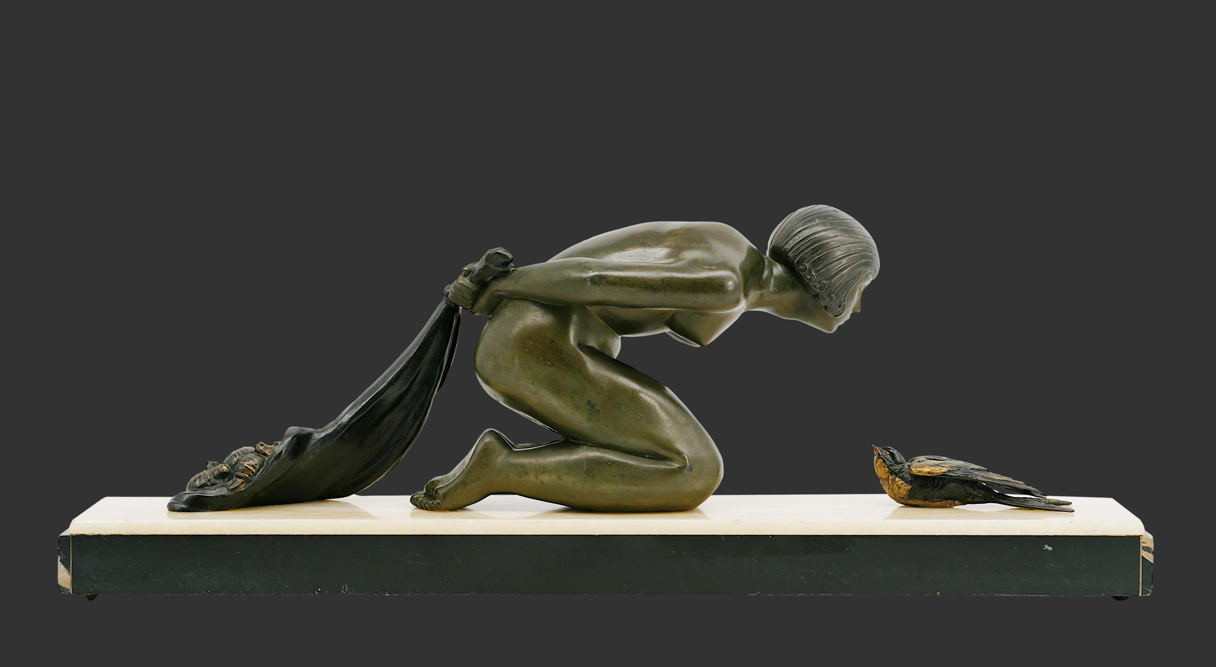 LIMOUSIN Art Deco Young Girl & Partridge Sculpture, 1920 For Sale 2