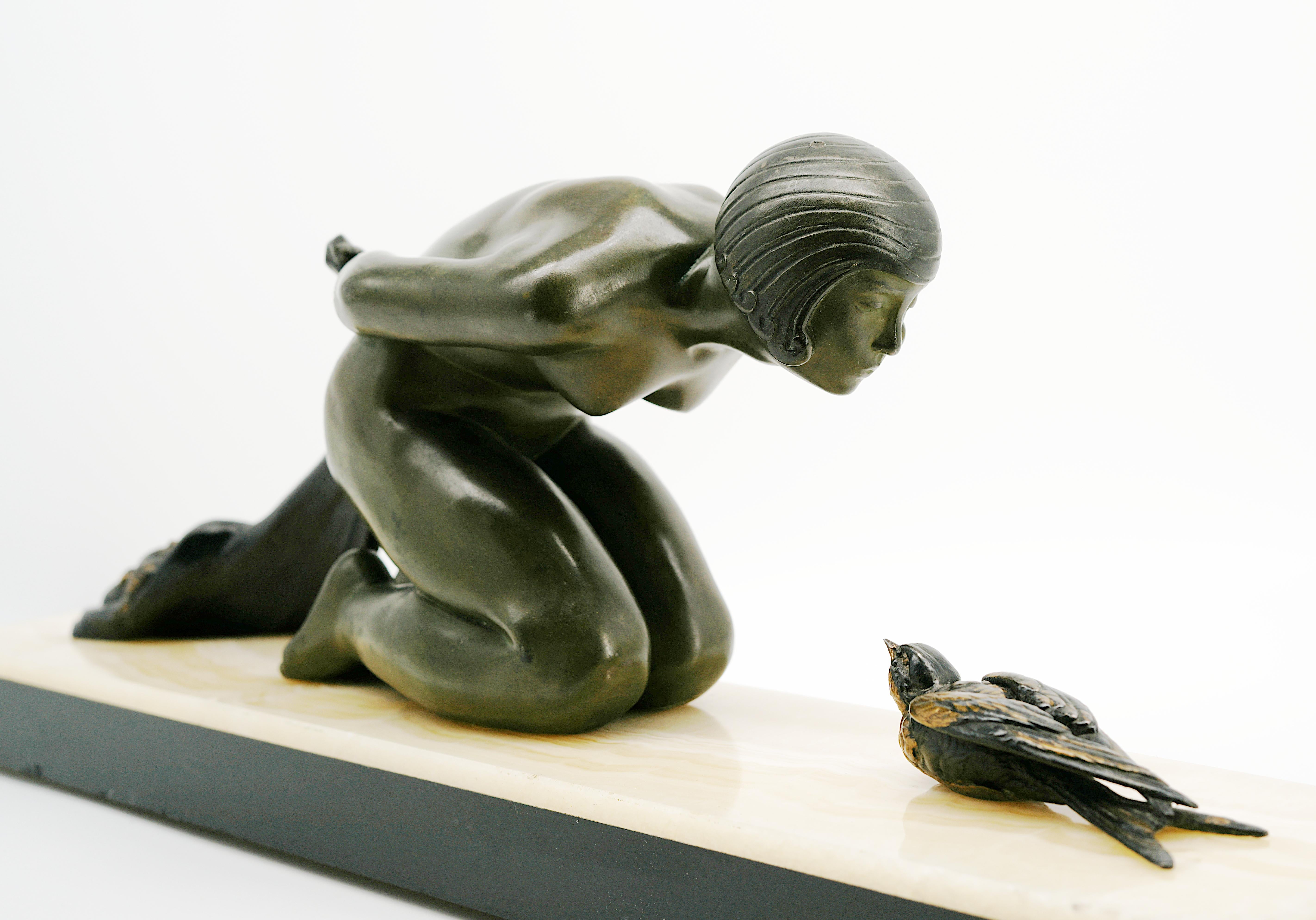 LIMOUSIN Art Deco Young Girl & Partridge Sculpture, 1920 For Sale 3