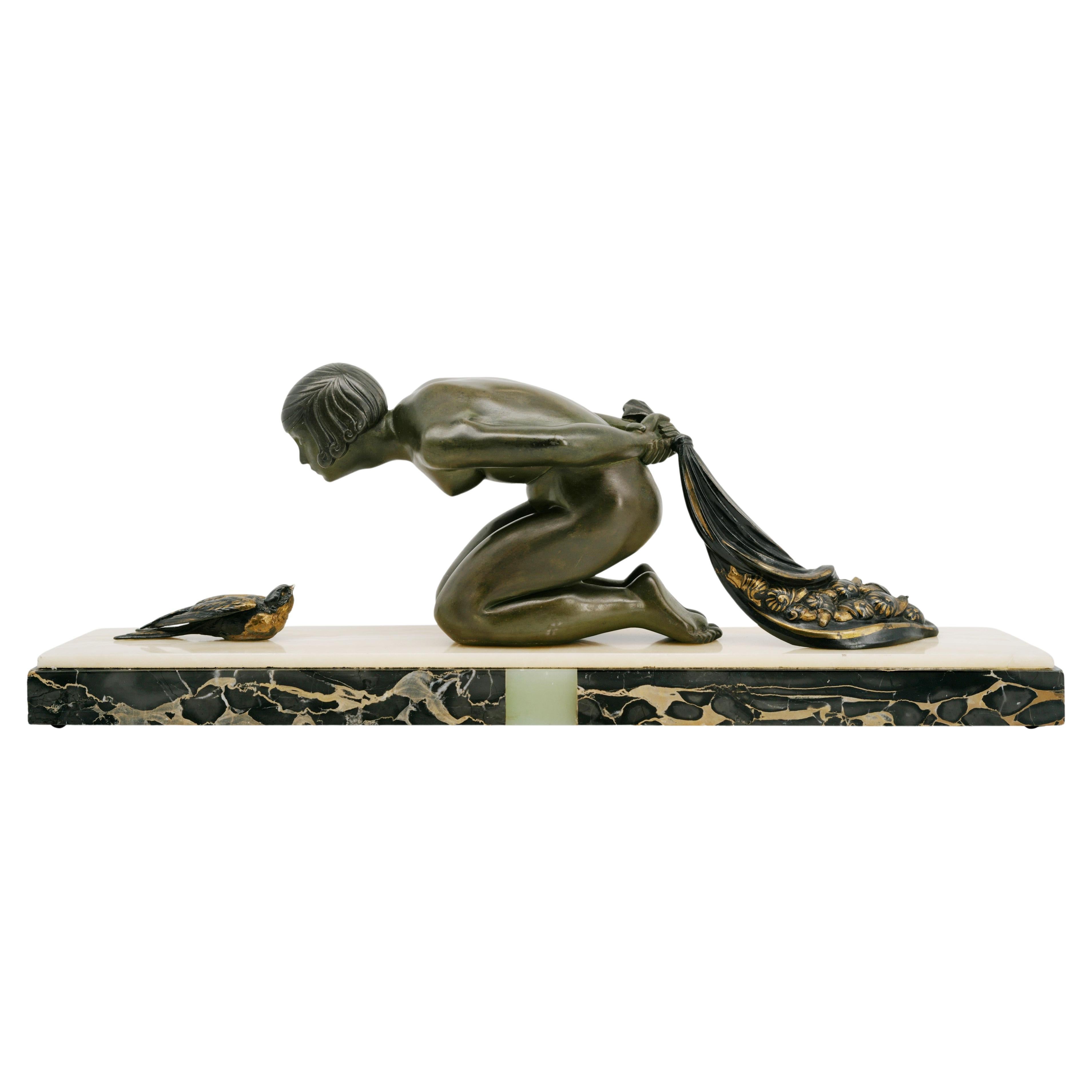 French Art Deco Young Girl & Partridge Sculpture, 1920s For Sale