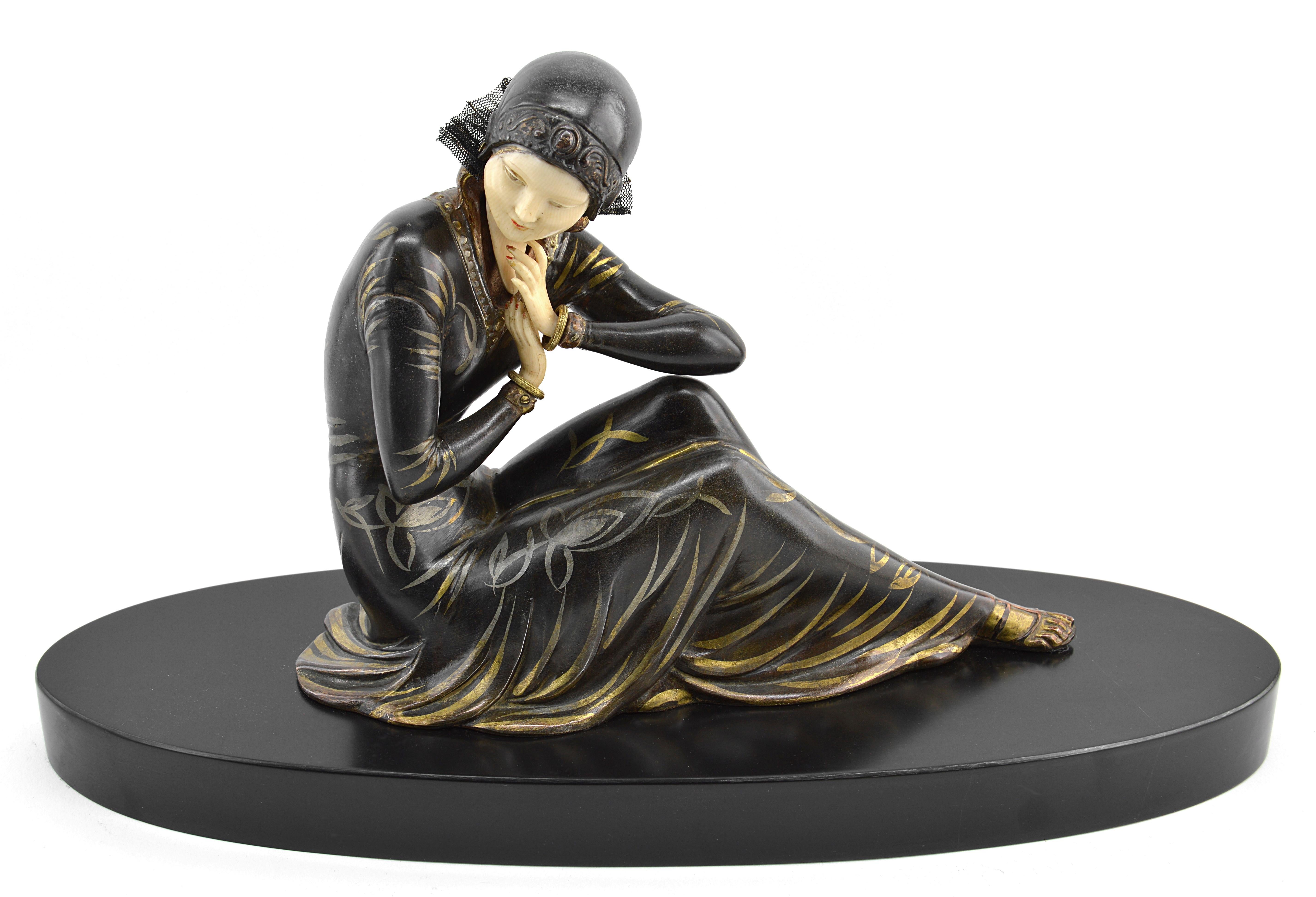 Spelter French Art Deco Young Lady Sculpture, 1920s