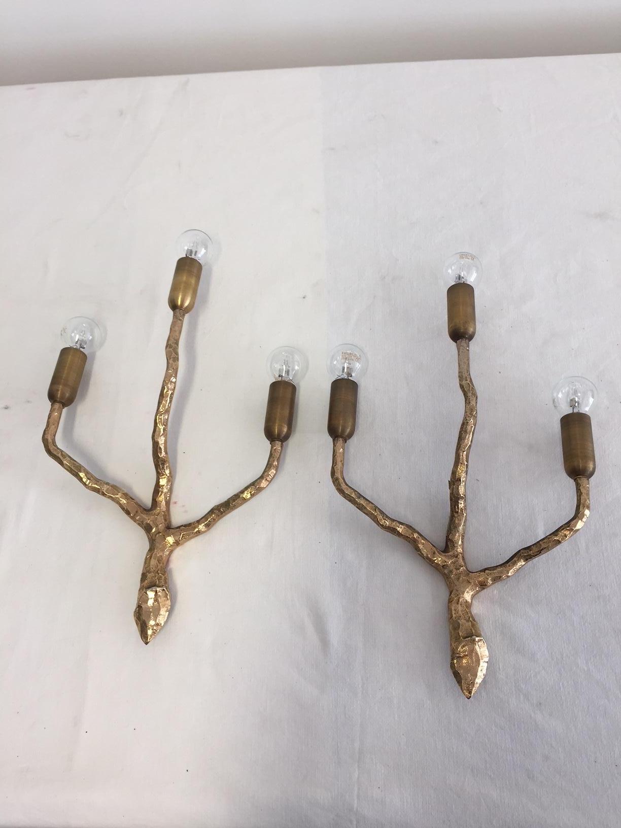 Bronze French Art Decorative Wall Sconces Three Arms by Maison Arlus For Sale
