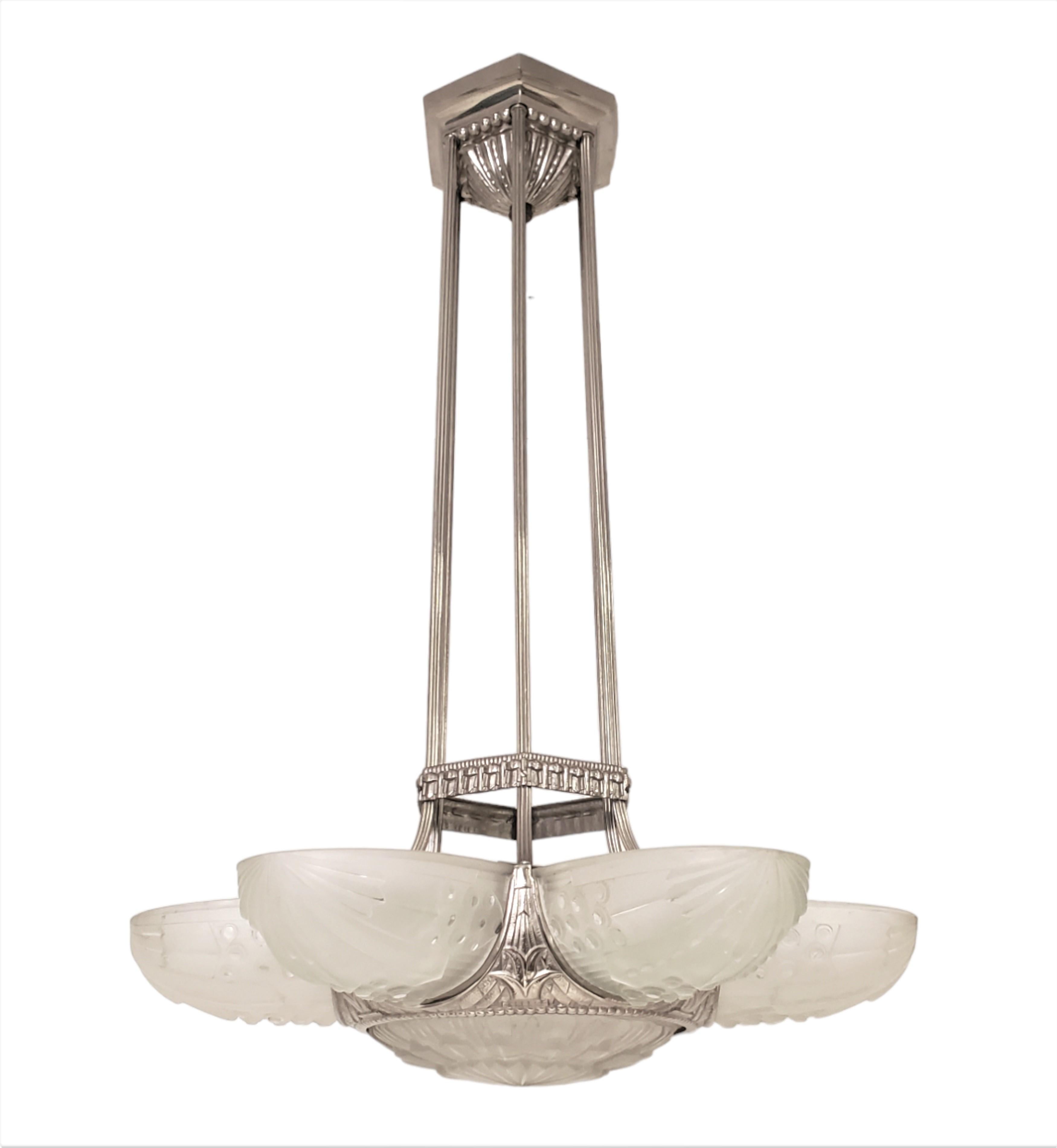 Art Deco French art glass 6 panel + center nickeled bronze chandelier signed Leleu For Sale
