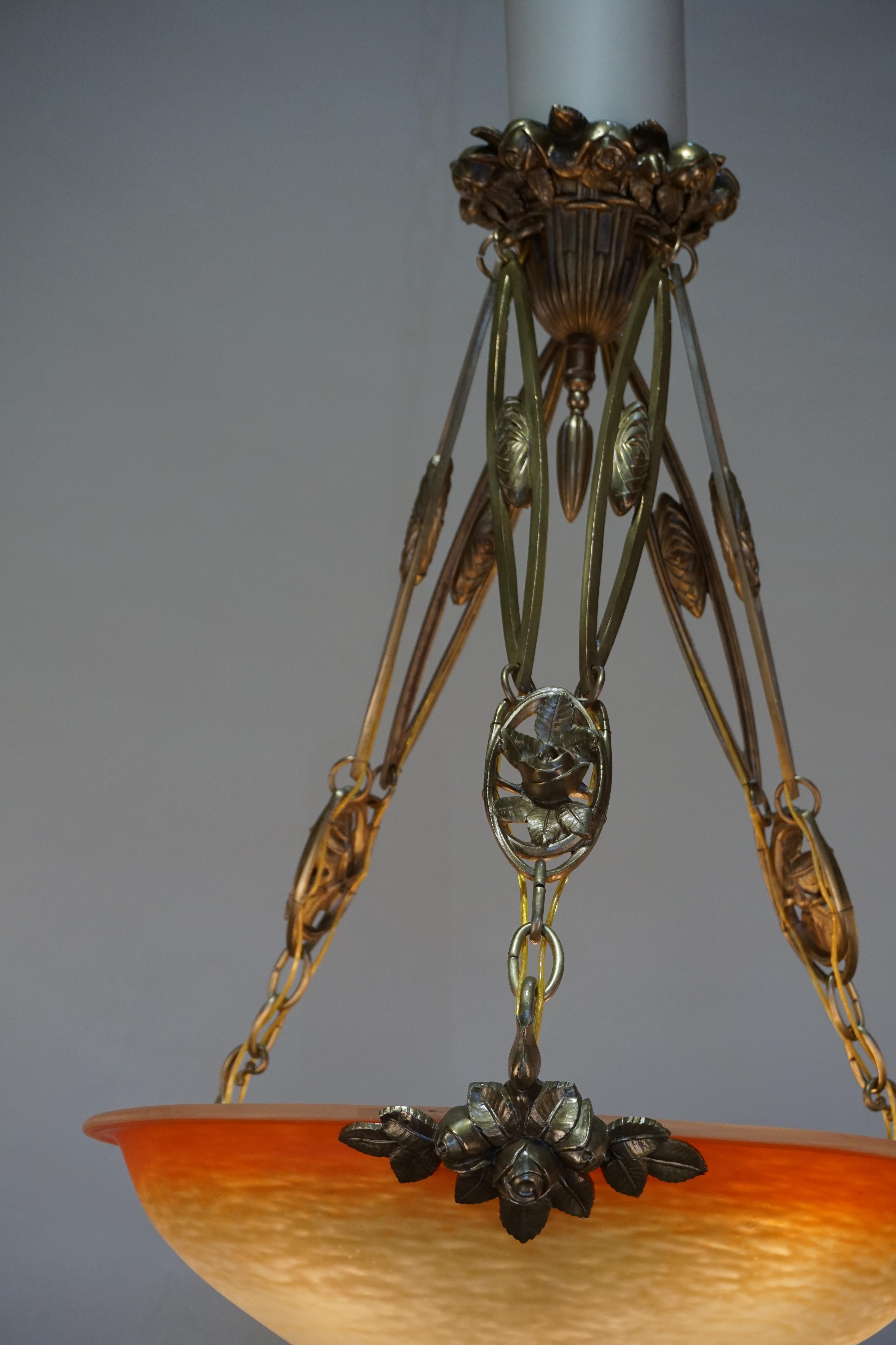 French Art Glass and Bronze Chandelier by Charles Schneider In Good Condition In Fairfax, VA