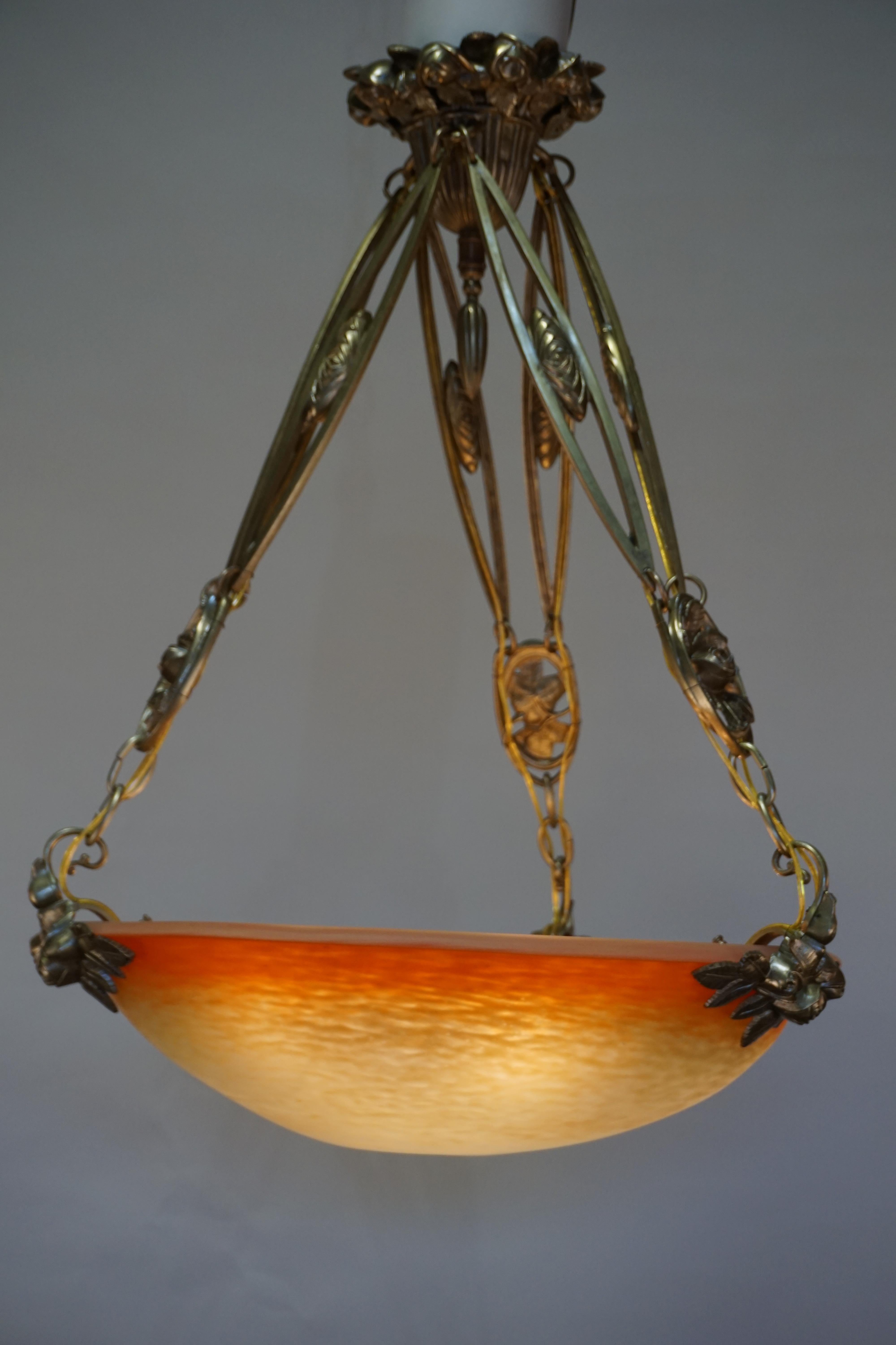 French Art Glass and Bronze Chandelier by Charles Schneider 3