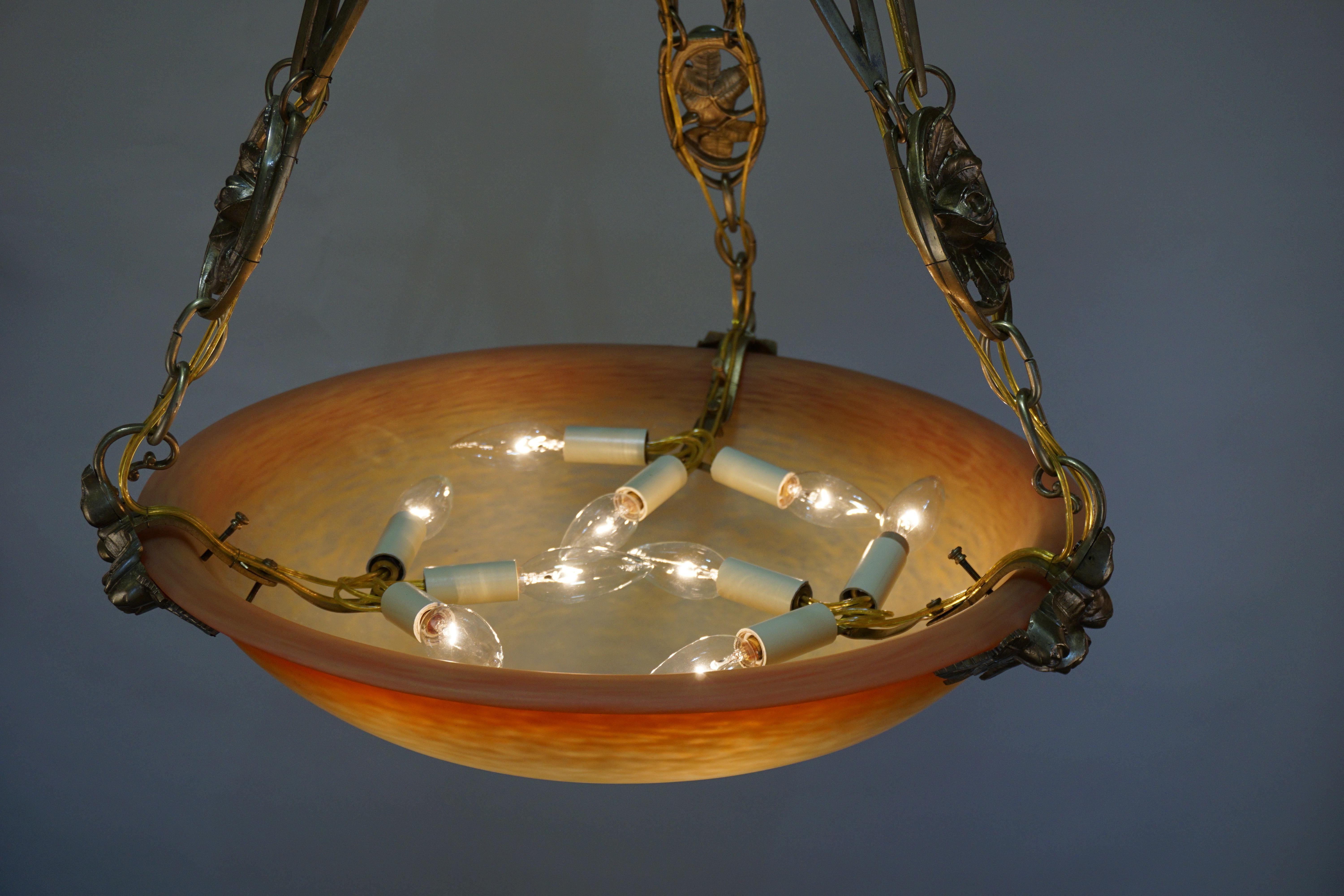 French Art Glass and Bronze Chandelier by Charles Schneider 4