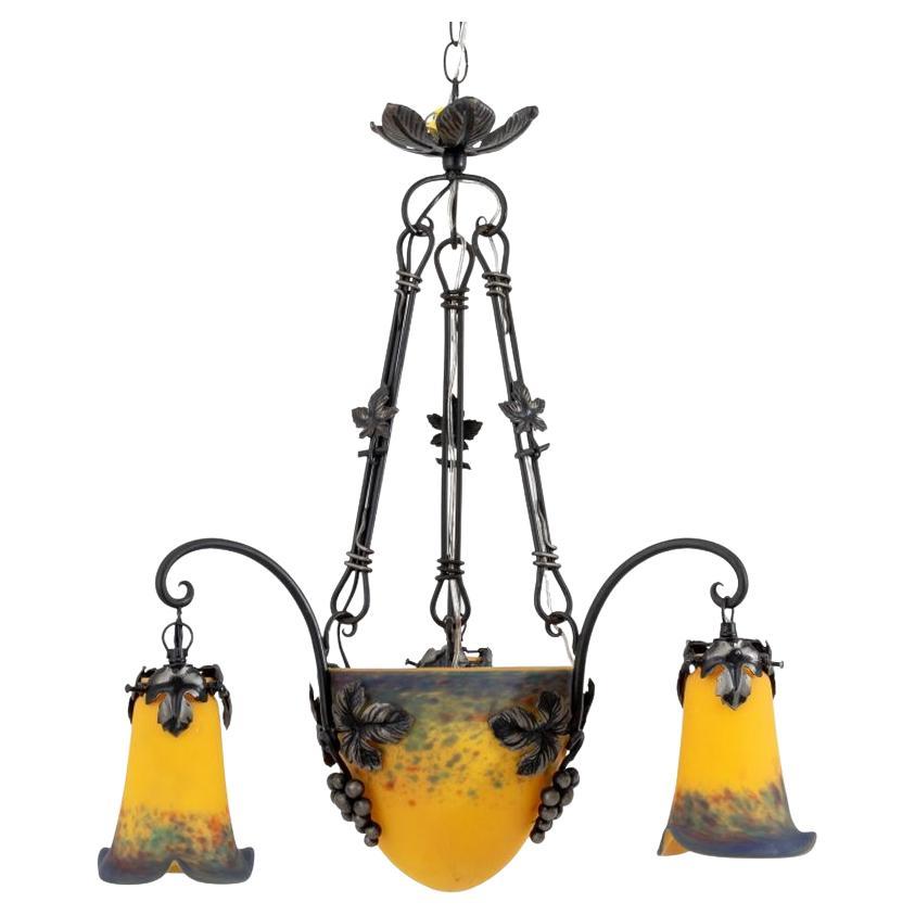 French Art Glass and Wrought Iron Chandelier