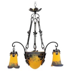 French Art Glass and Wrought Iron Chandelier