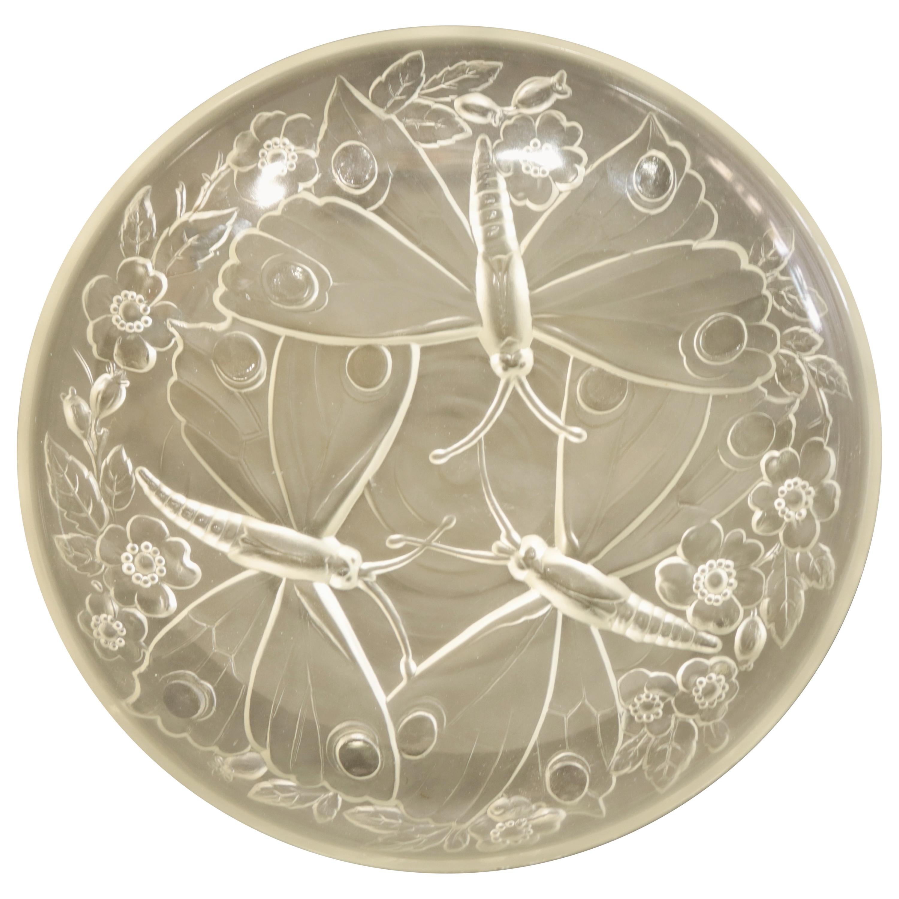A magnificent French Large Art Nouveau style Butterfly Art Glass Bowl with a high relief floral design with large butterflies surrounding the center, 
French-Verlys--1900s. unmarked
The Charger/ Bowl is a beautiful rendition in the Lalique