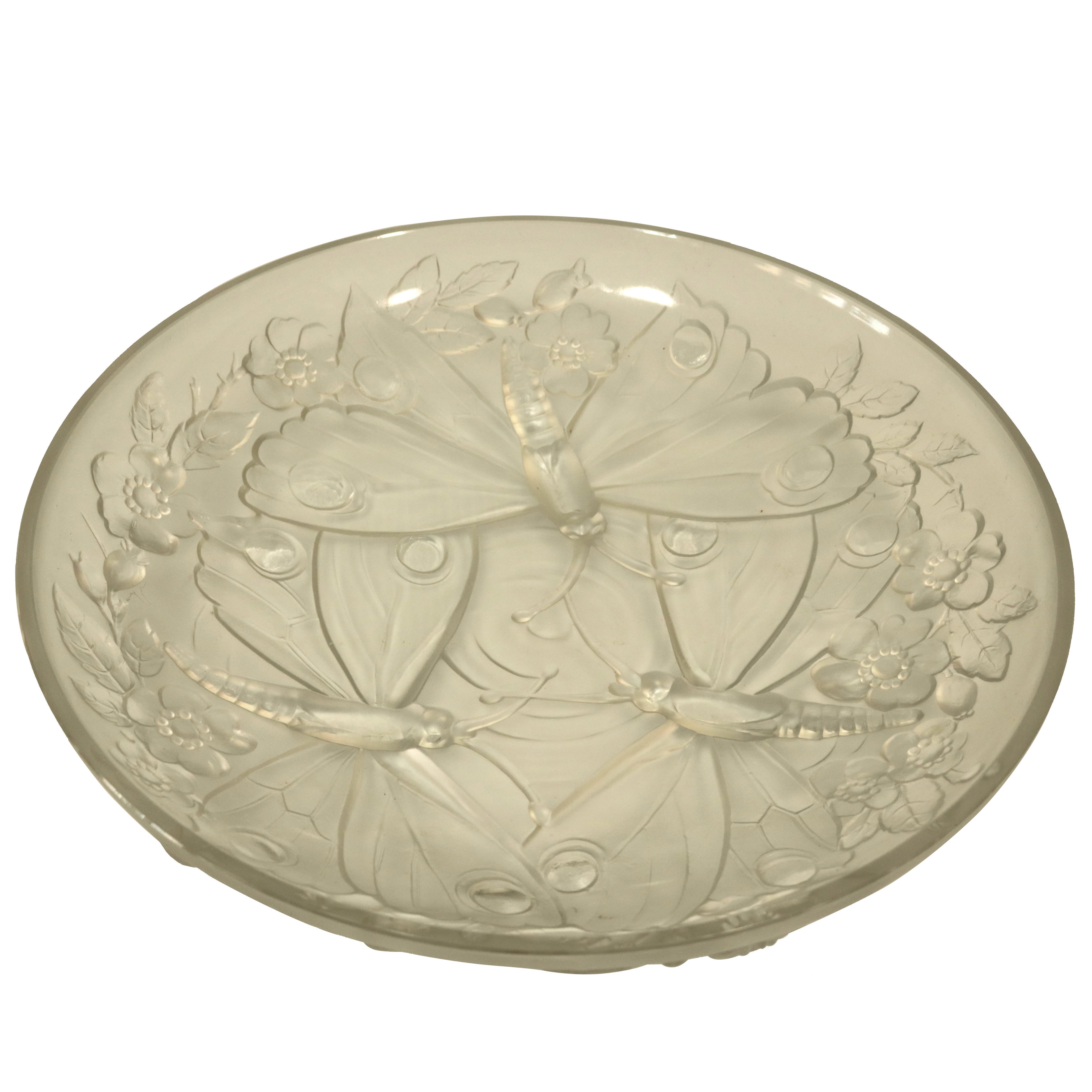French Verlys Art Glass Butterfly Bowl, 1900s- Lalique Style For Sale