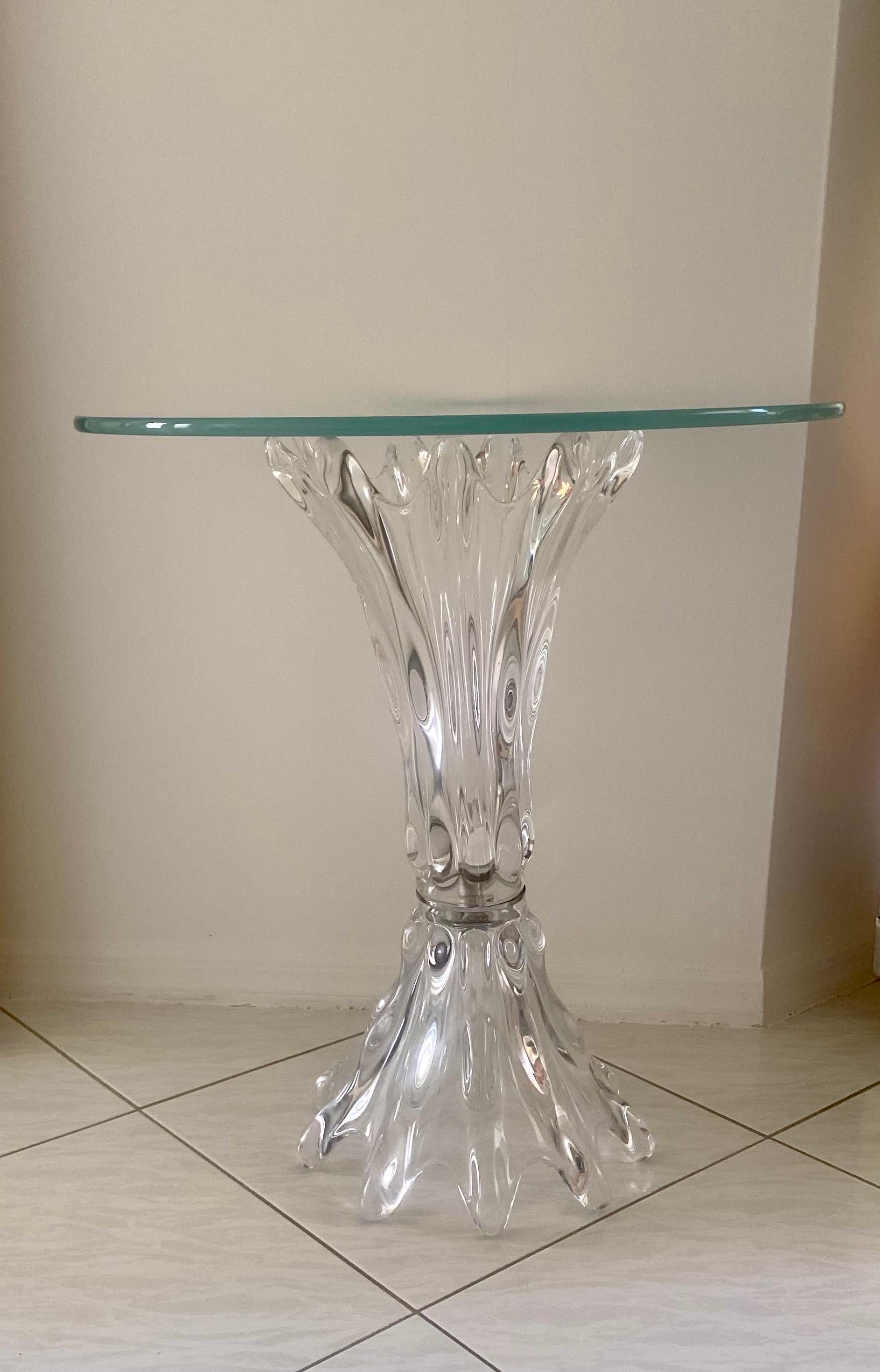 A beautiful custom made vintage crystal table base and glass top from Vannes, France. Two large crystal glass sculptural pieces are connected with a nickeled wafer and hidden bolt. The table is in very good condition and quite breathtaking.