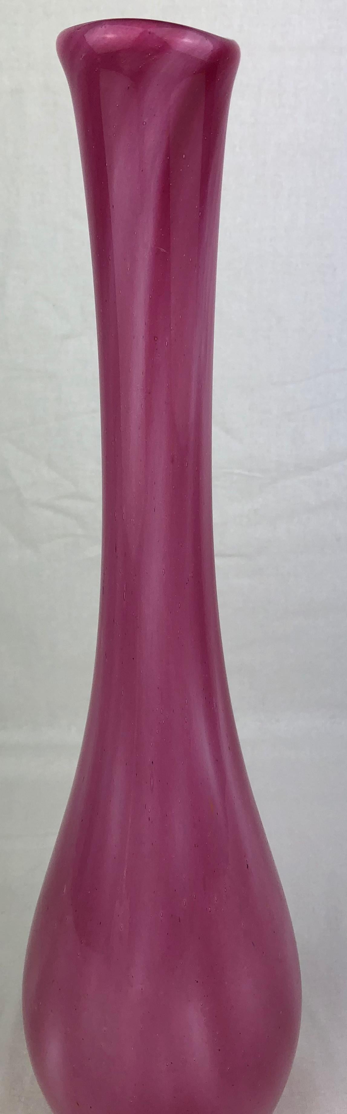 Hand-Crafted French Art Glass Pink Stem Flower Vase Signed Pierre Nicolle For Sale