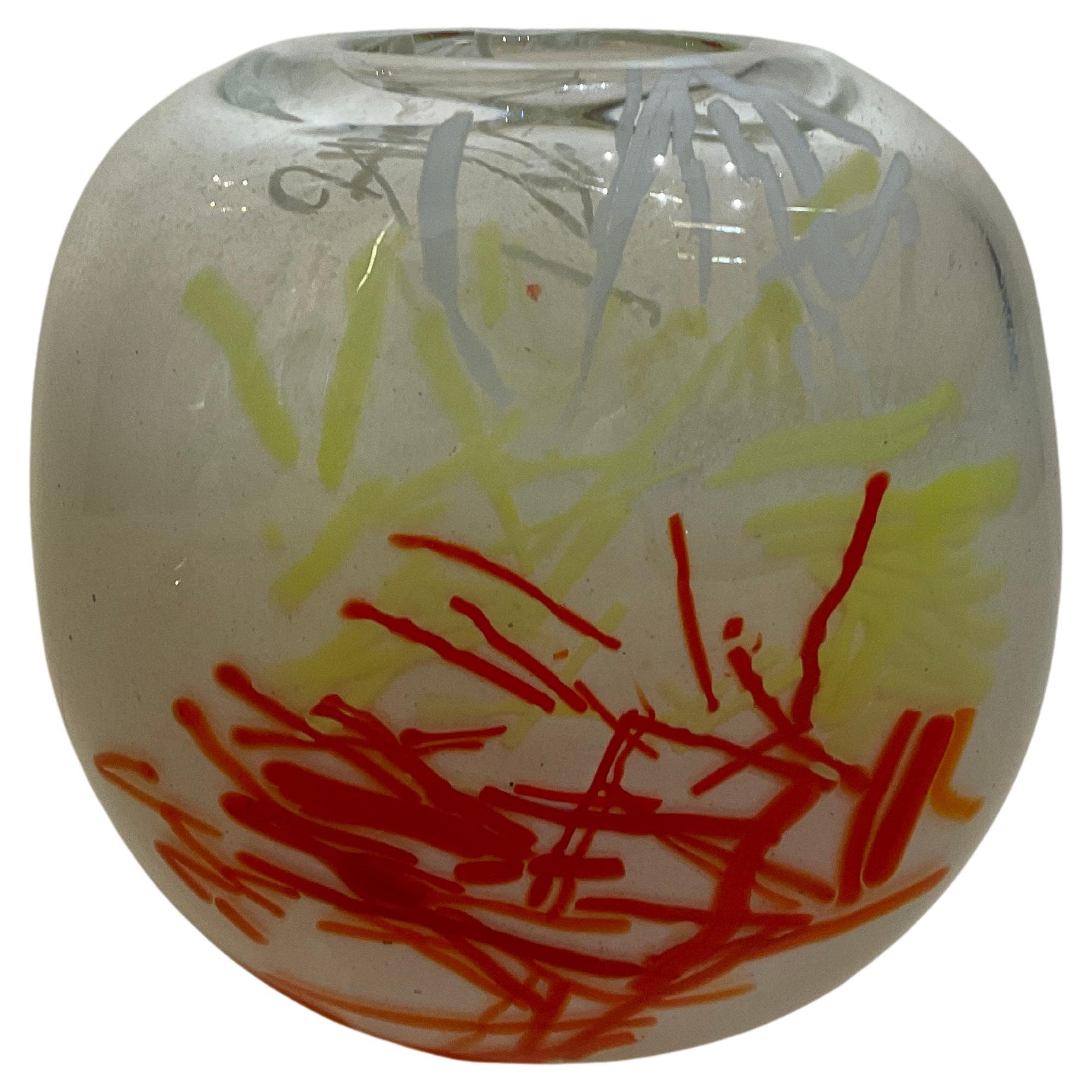 French Art Glass Vase, Signed Red Yellow White