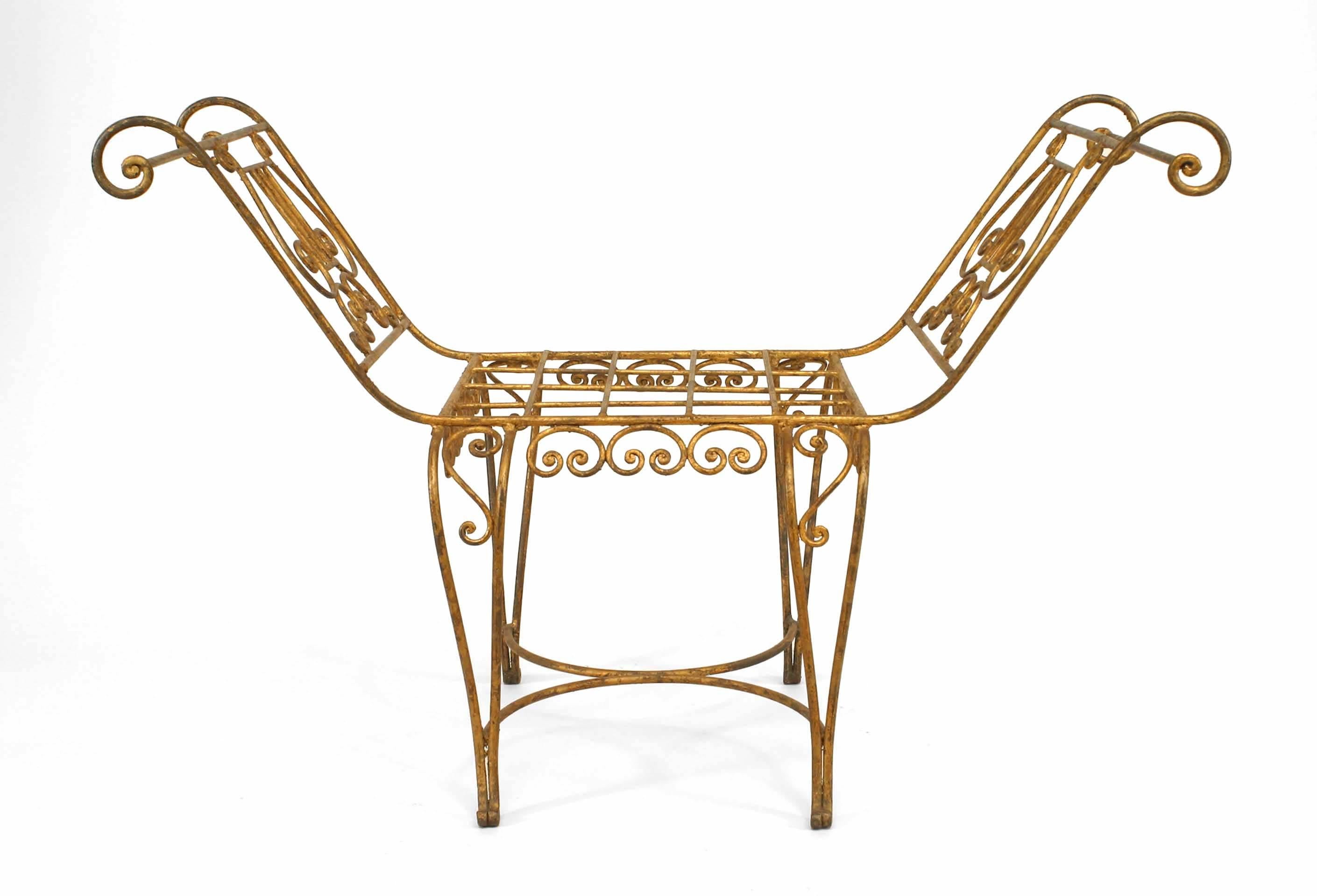 French Art Moderne (1940s) gilt wrought iron window bench with scrolling legs and arms with lyre form
