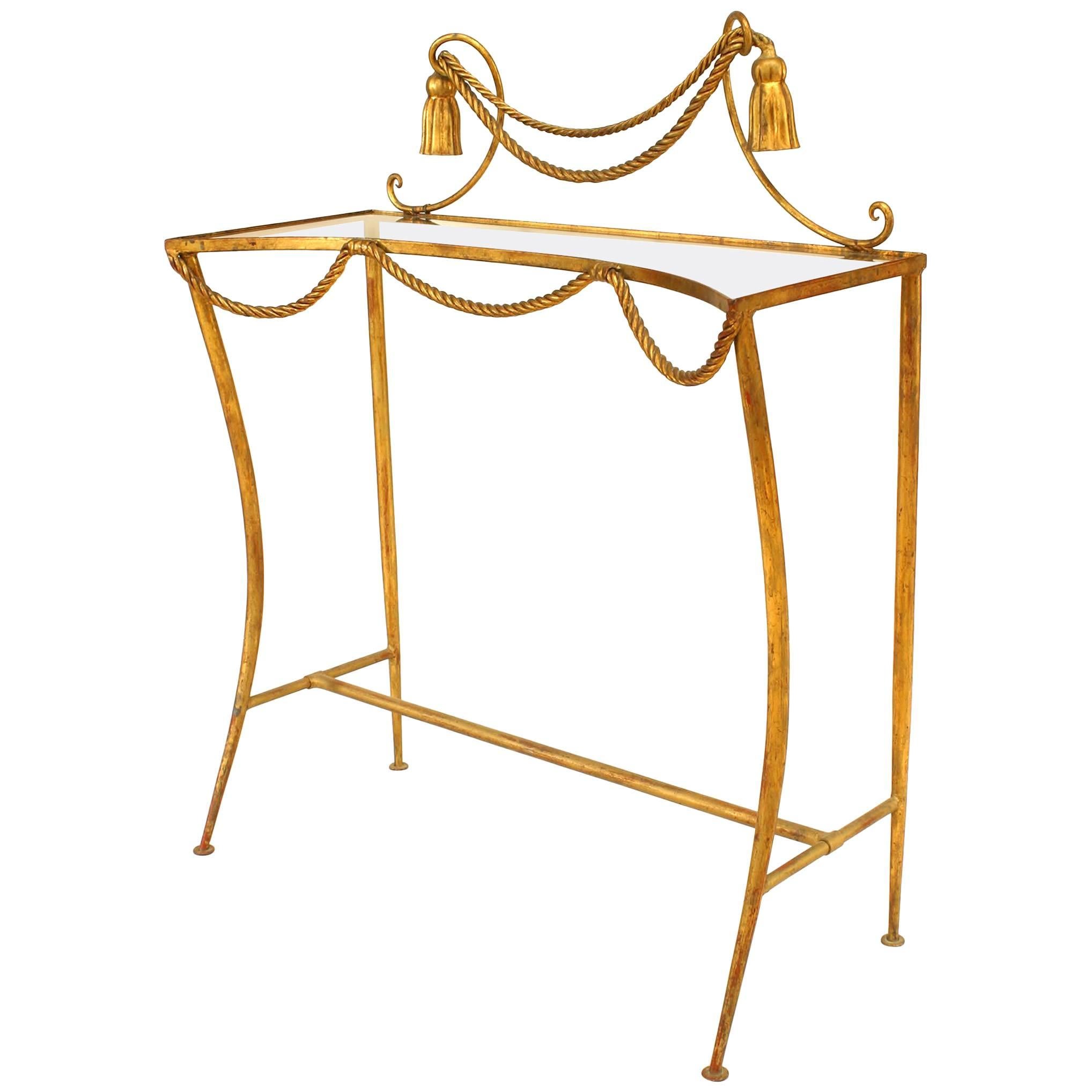 Table console en corde et pampilles dorées et en verre en vente