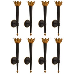 French Art Moderne Style "Coronet" Ebonized Iron Torch Form Wall Sconces French Art Moderne Style "Coronet" Ebonized Iron Torch Form Wall Sconces