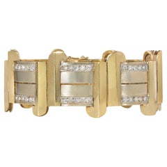Bracelet à maillons Art Moderne français en or bicolore et diamants à panneaux géométriques